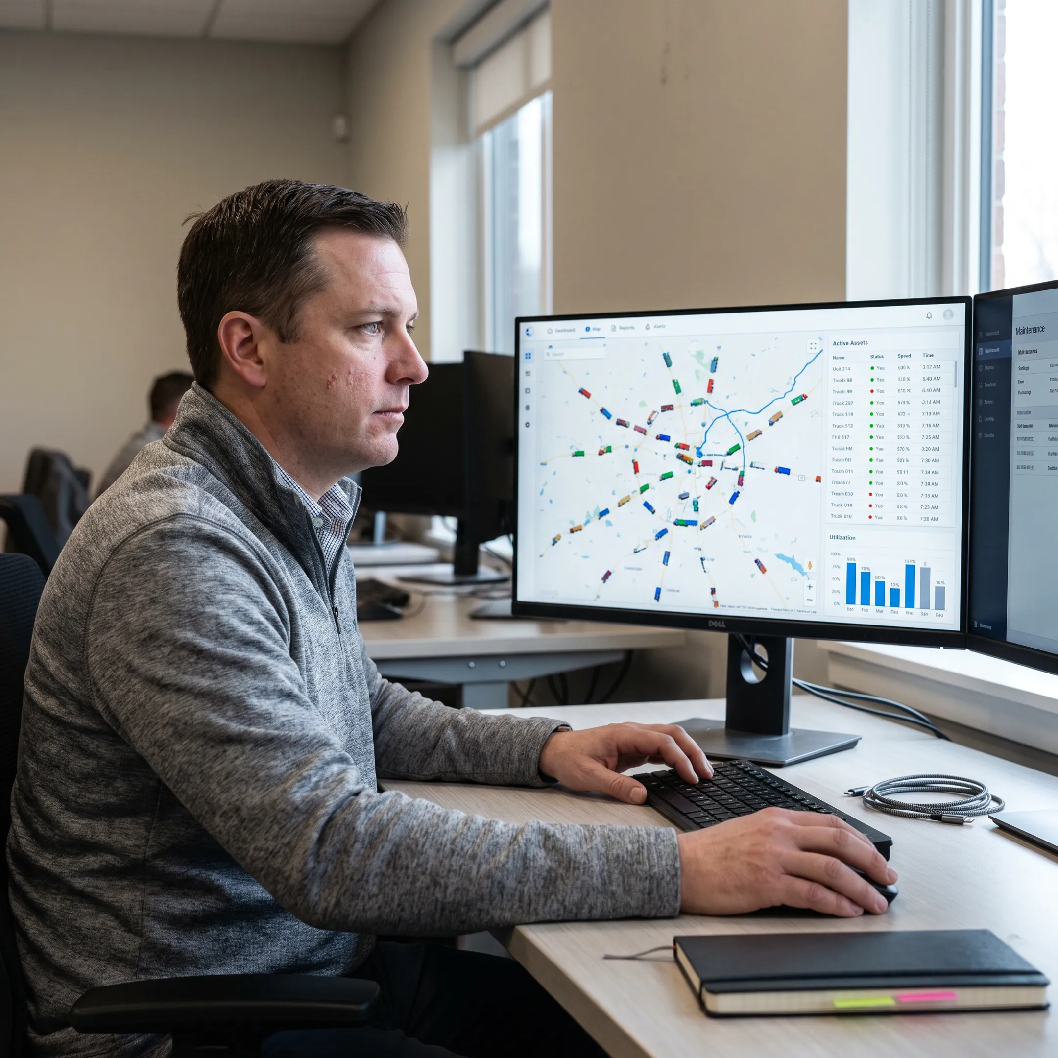 Transportation manager reviewing live asset locations