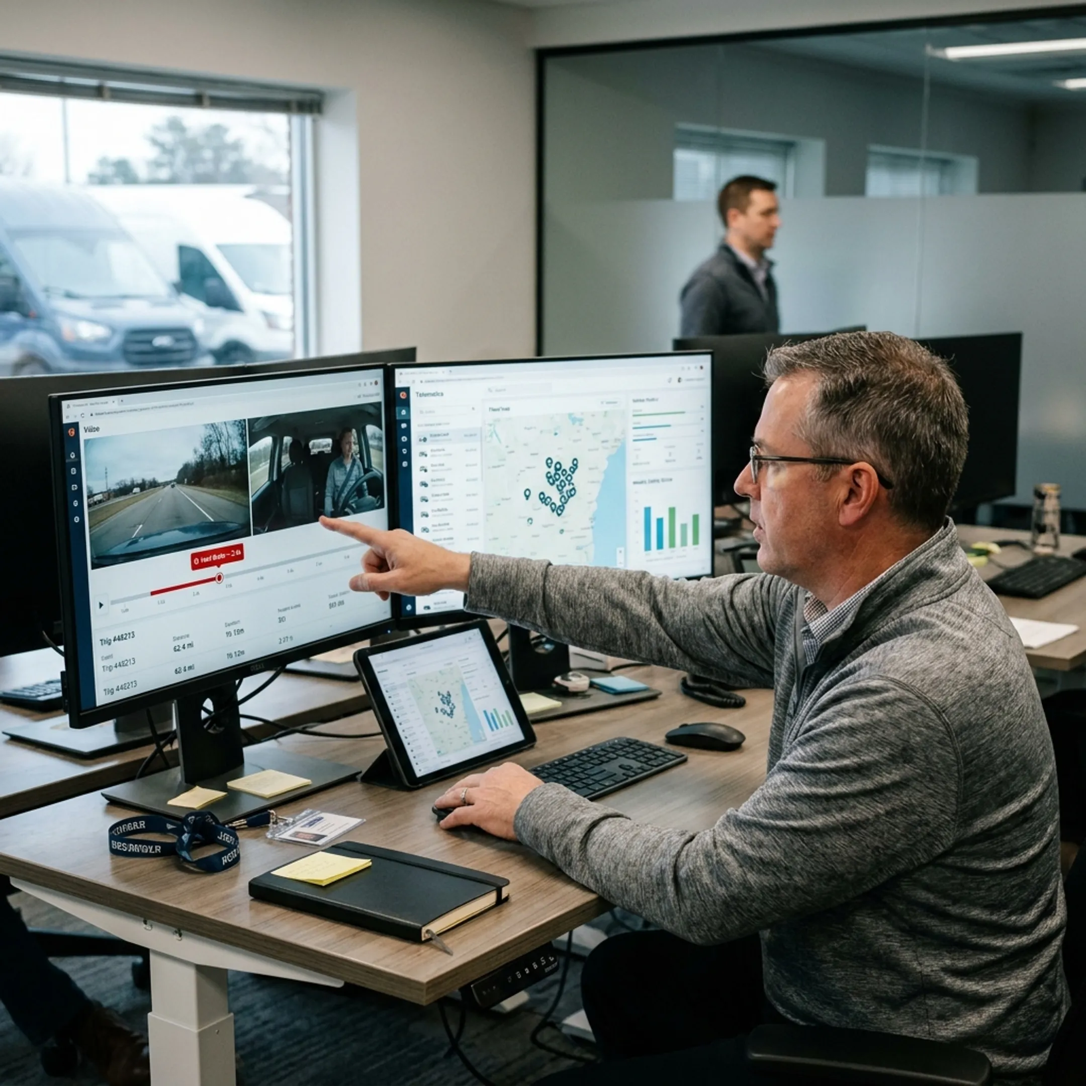 Fleet manager reviewing commercial truck dash cam footage