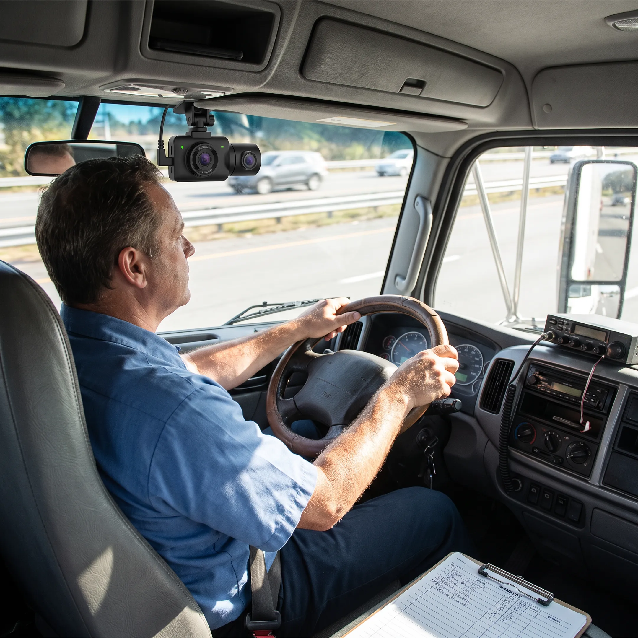 Commercial truck driver using a dual-facing dash cam