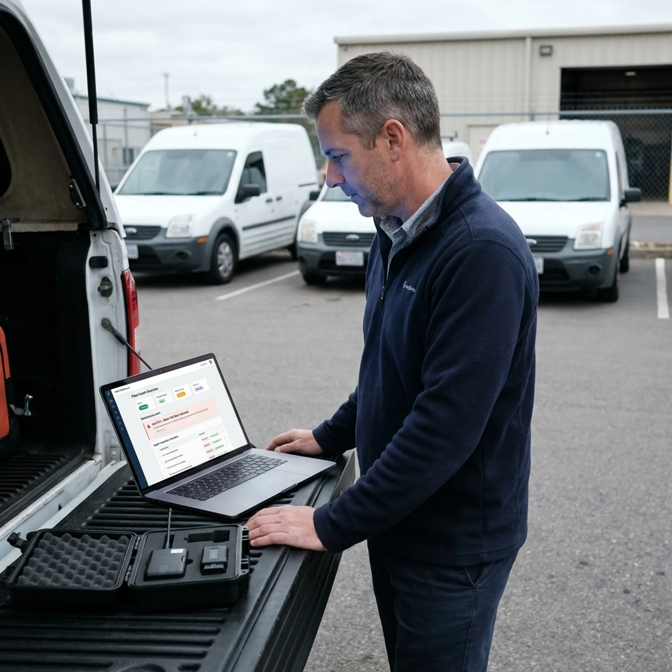 Fleet manager reviewing vehicle diagnostics