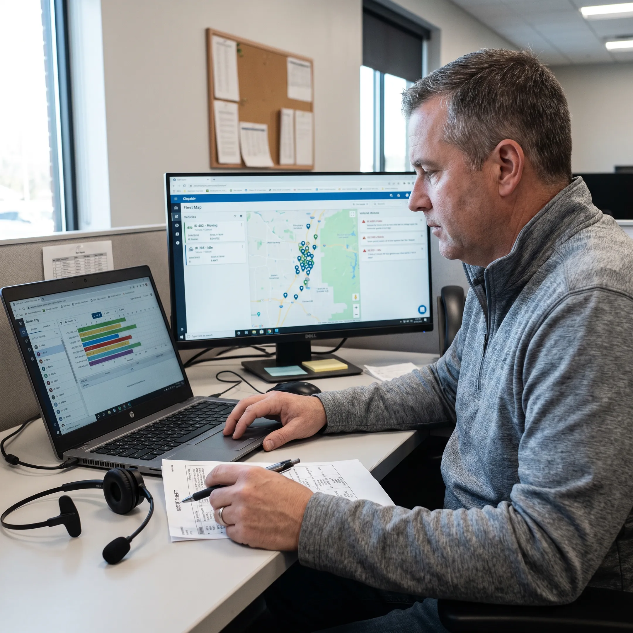 Fleet manager reviewing electronic driver logs