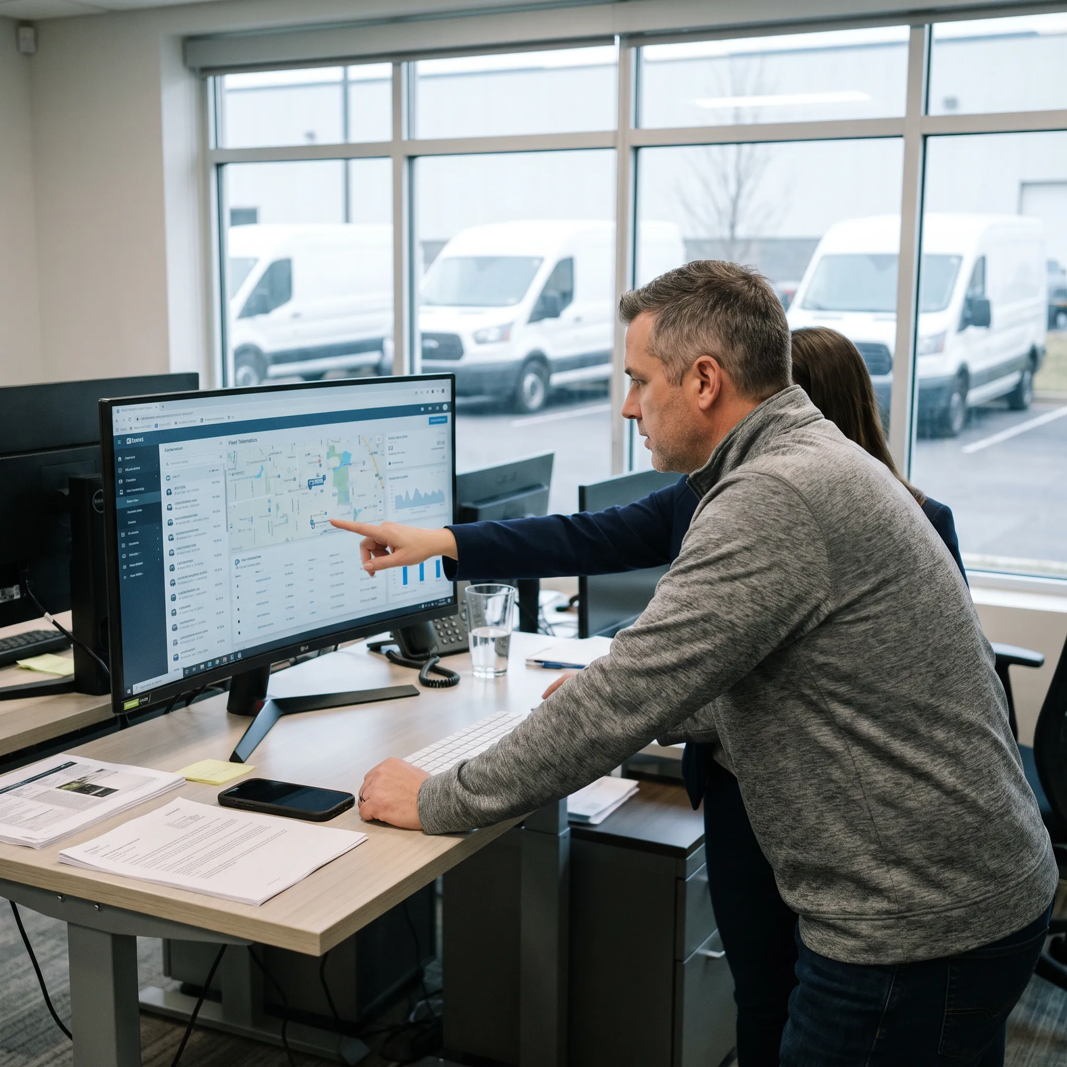Fleet manager reviewing live vehicle tracking