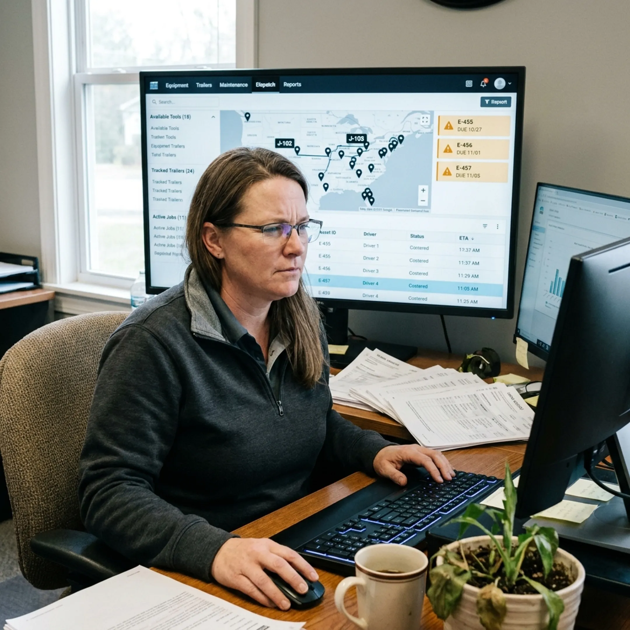 Field operations manager reviewing equipment scheduling dashboard