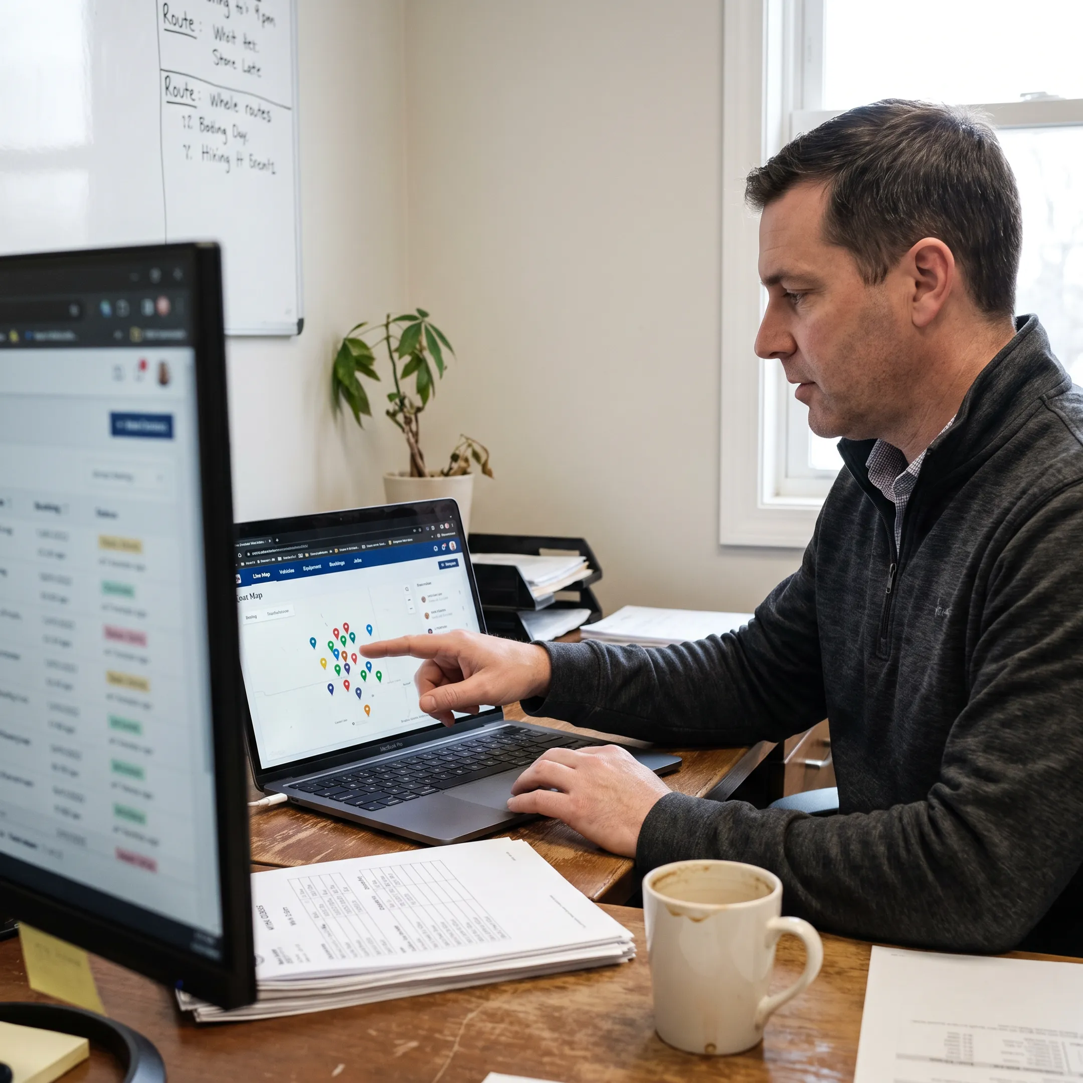 Manager reviewing equipment availability on a digital map