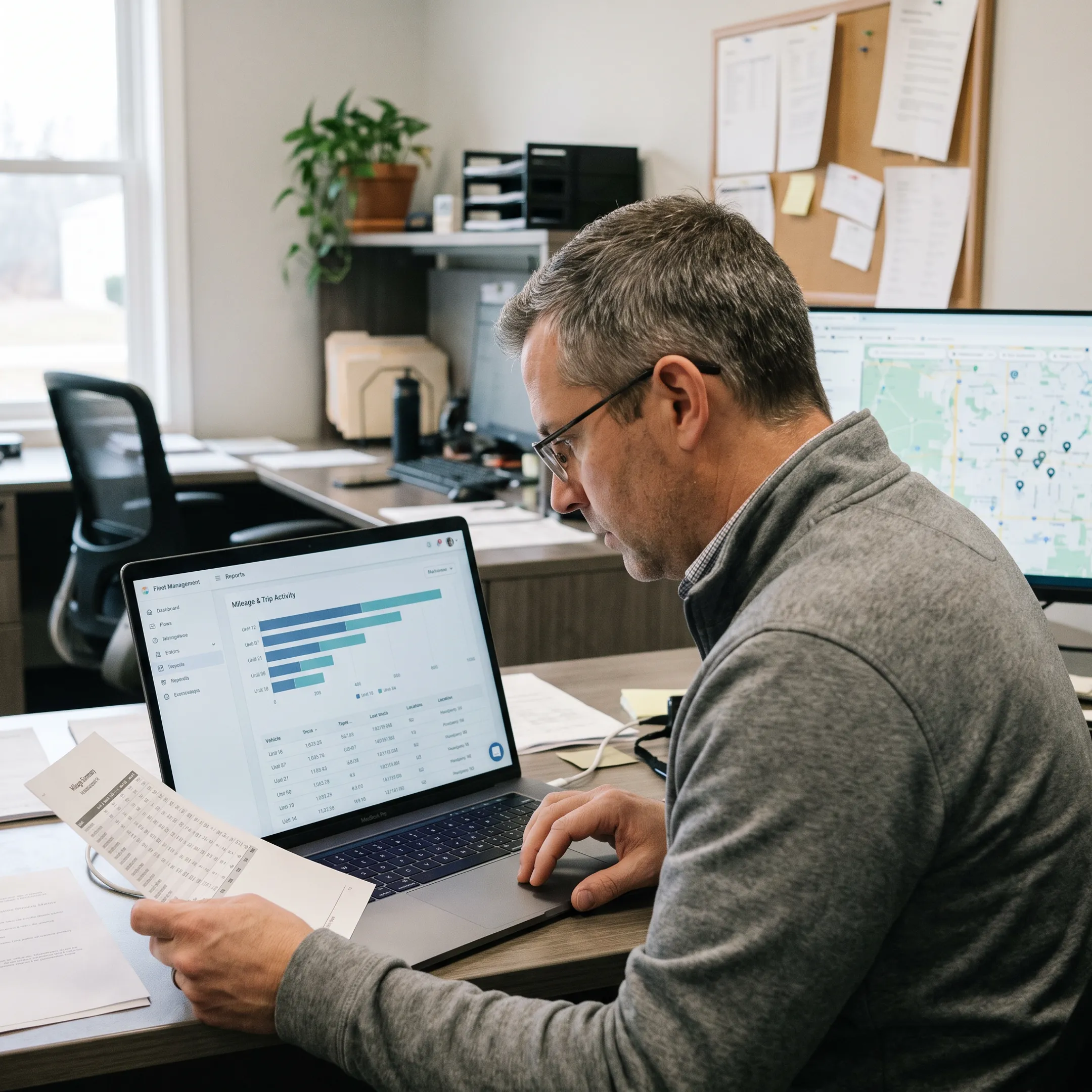 Fleet manager reviewing mileage report dashboard