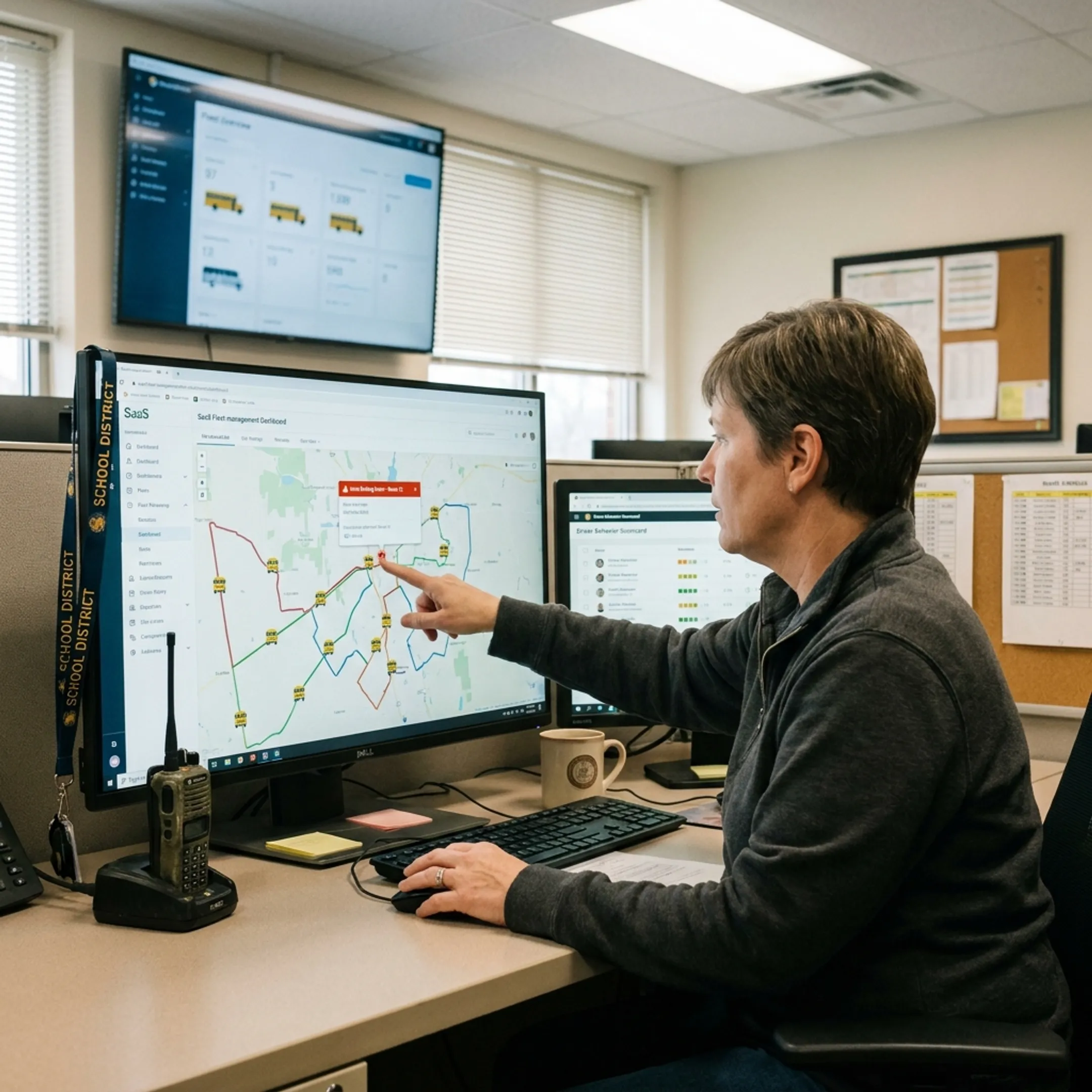 Dispatcher reviewing school bus fleet data