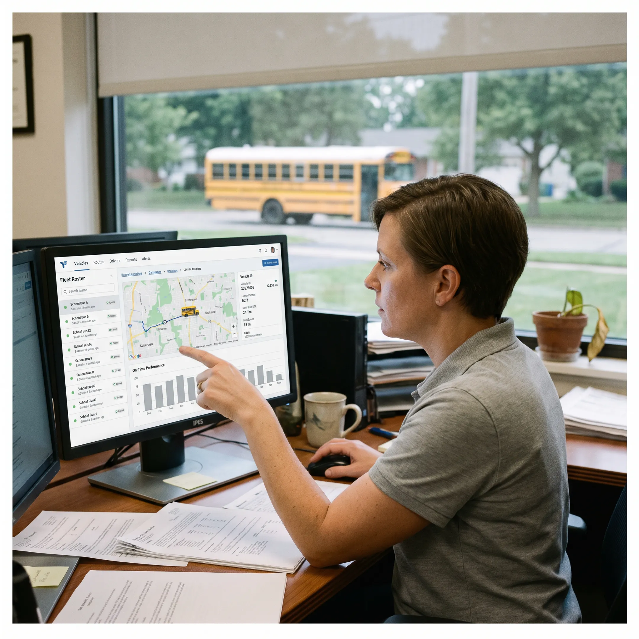 School bus monitored on a GPS fleet dashboard