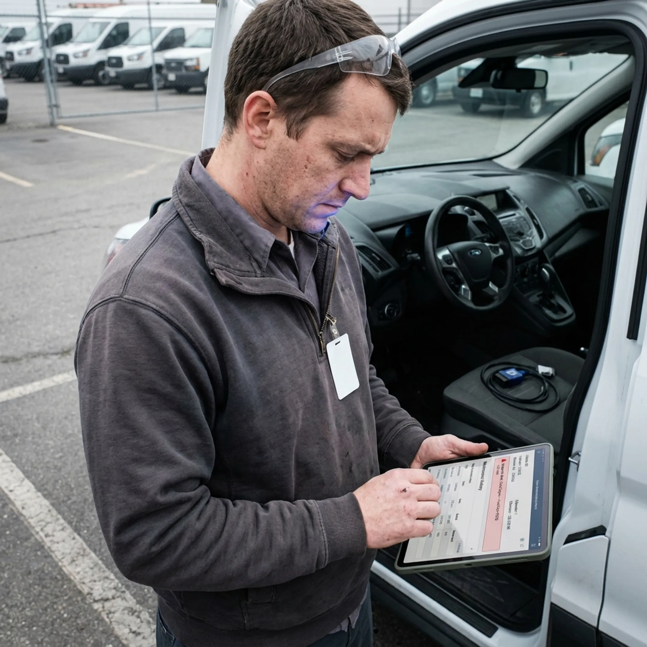 Technician reviewing fleet maintenance information