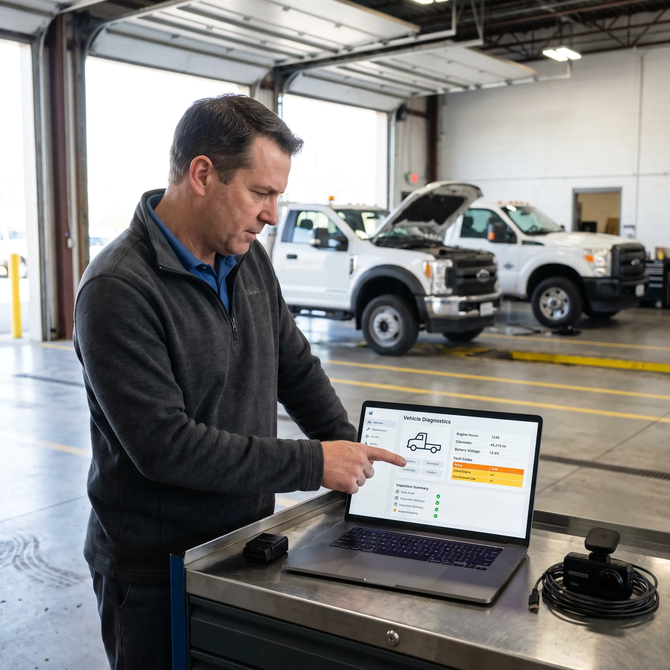 Fleet manager reviewing vehicle inspection data