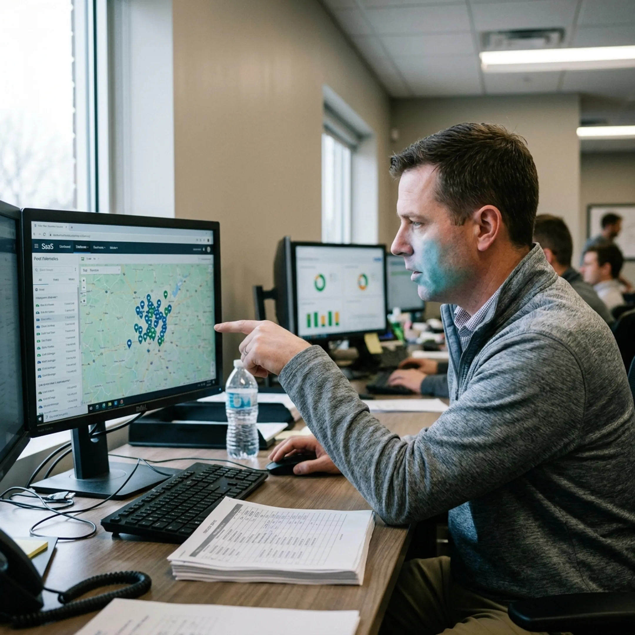 Fleet manager reviewing connected ELD and GPS data