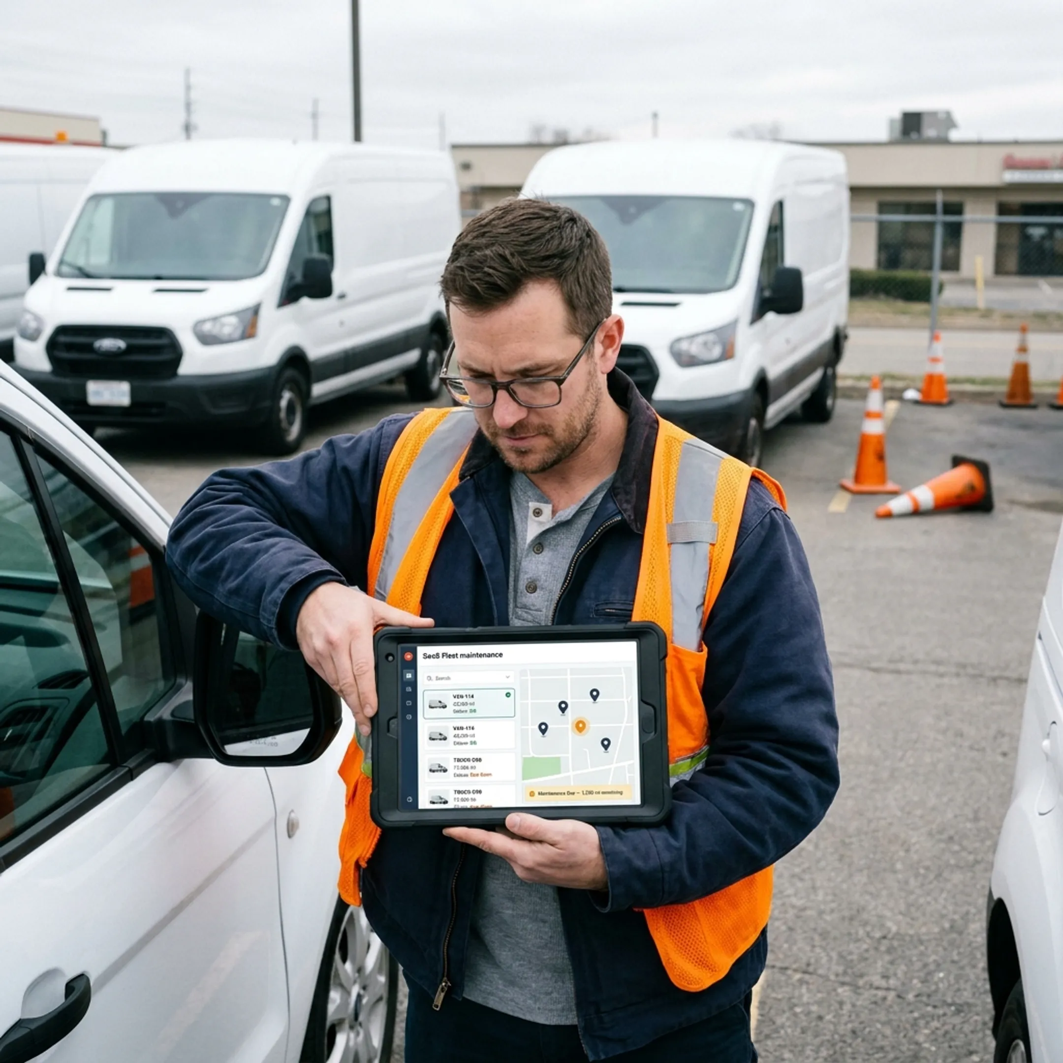 Technician reviewing fleet maintenance dashboard