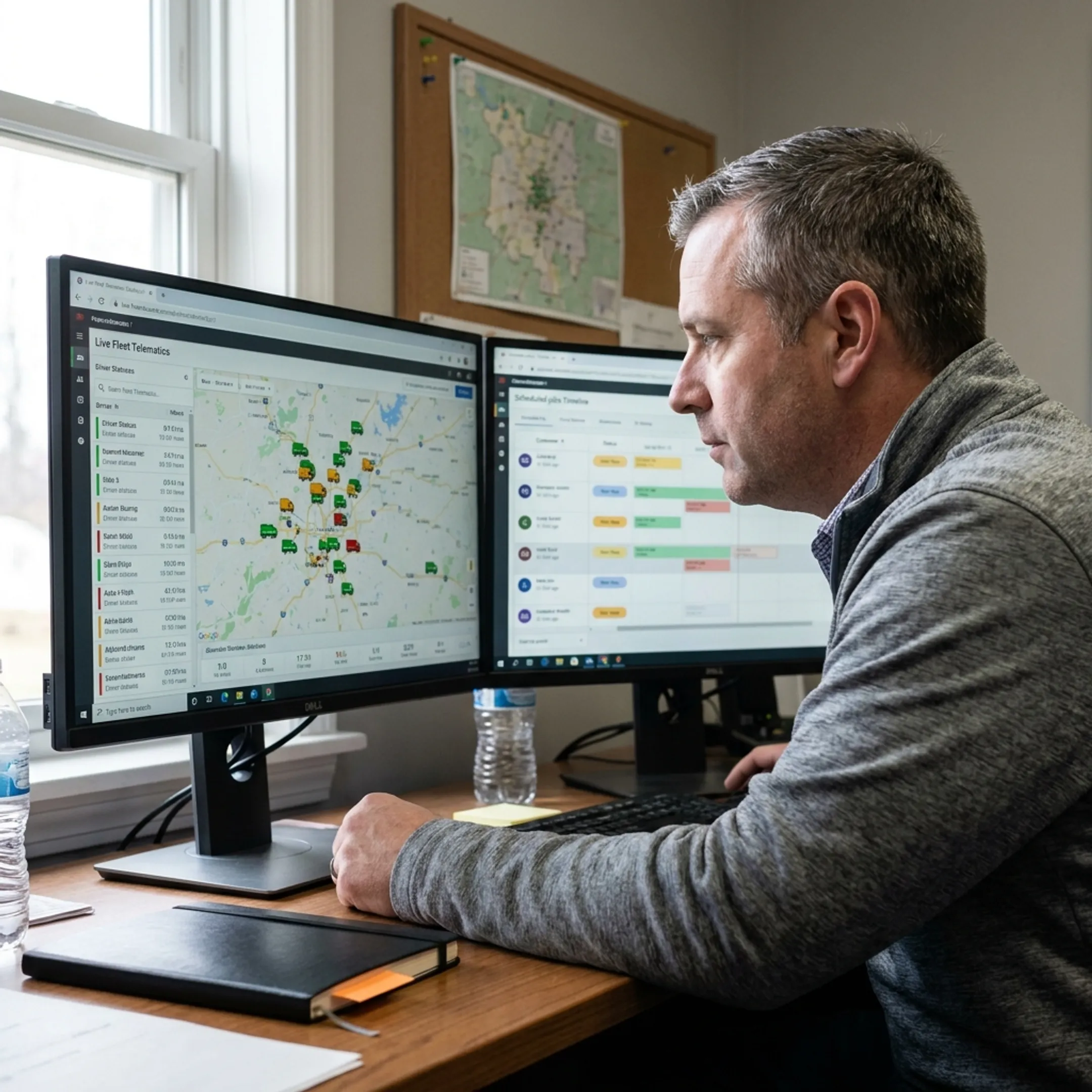 Fleet manager coordinating dispatches from a GPS dashboard