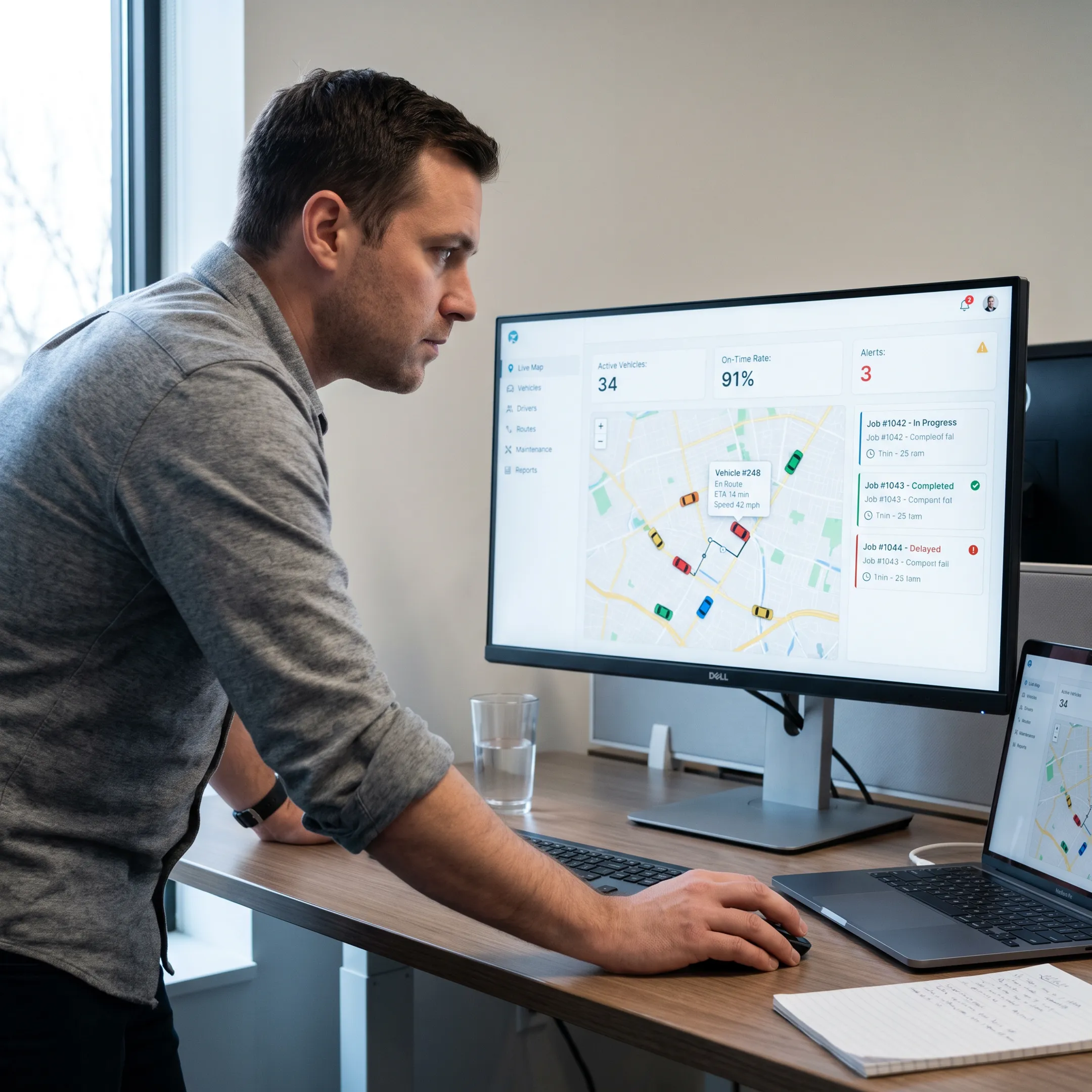Dispatcher monitoring fleet vehicles on a live GPS map