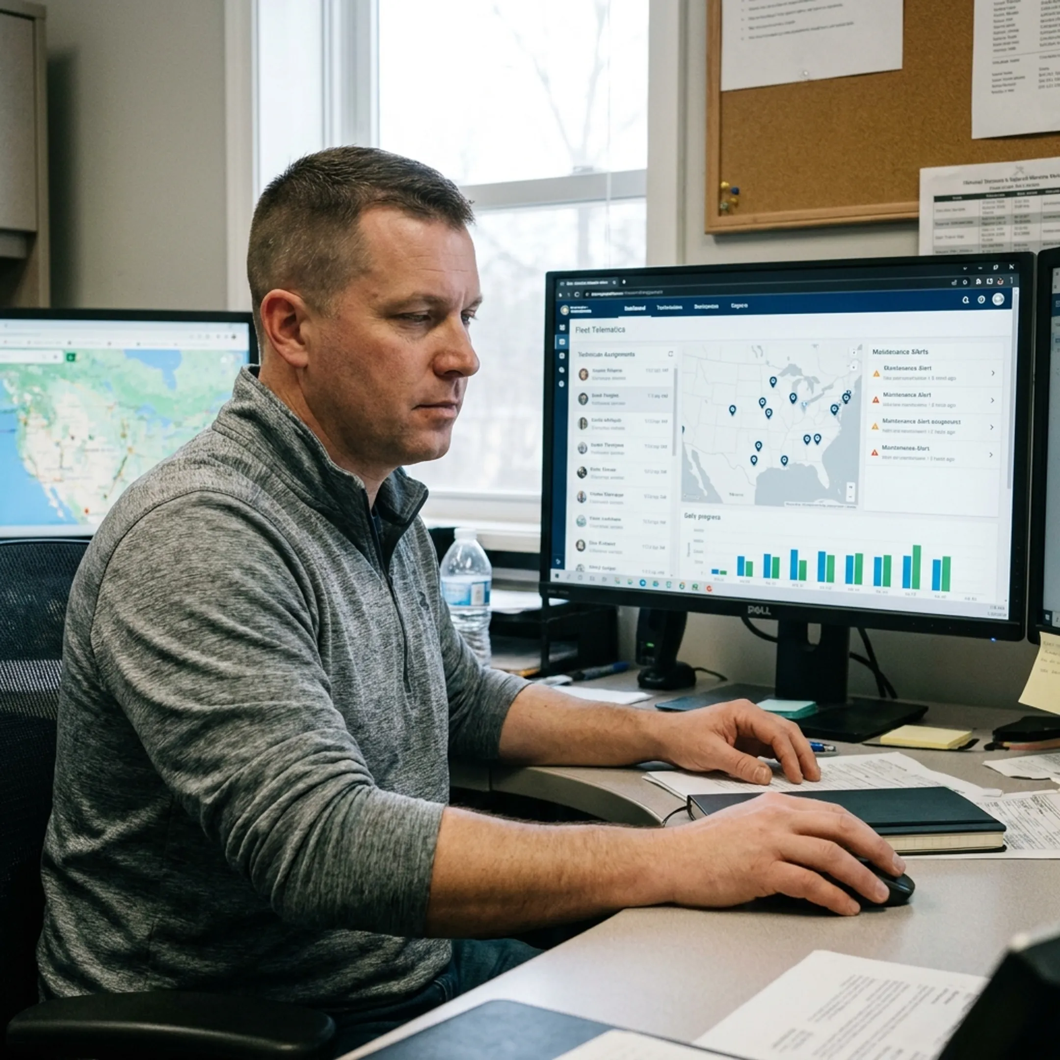 Service manager coordinating technician schedules and fleet activity