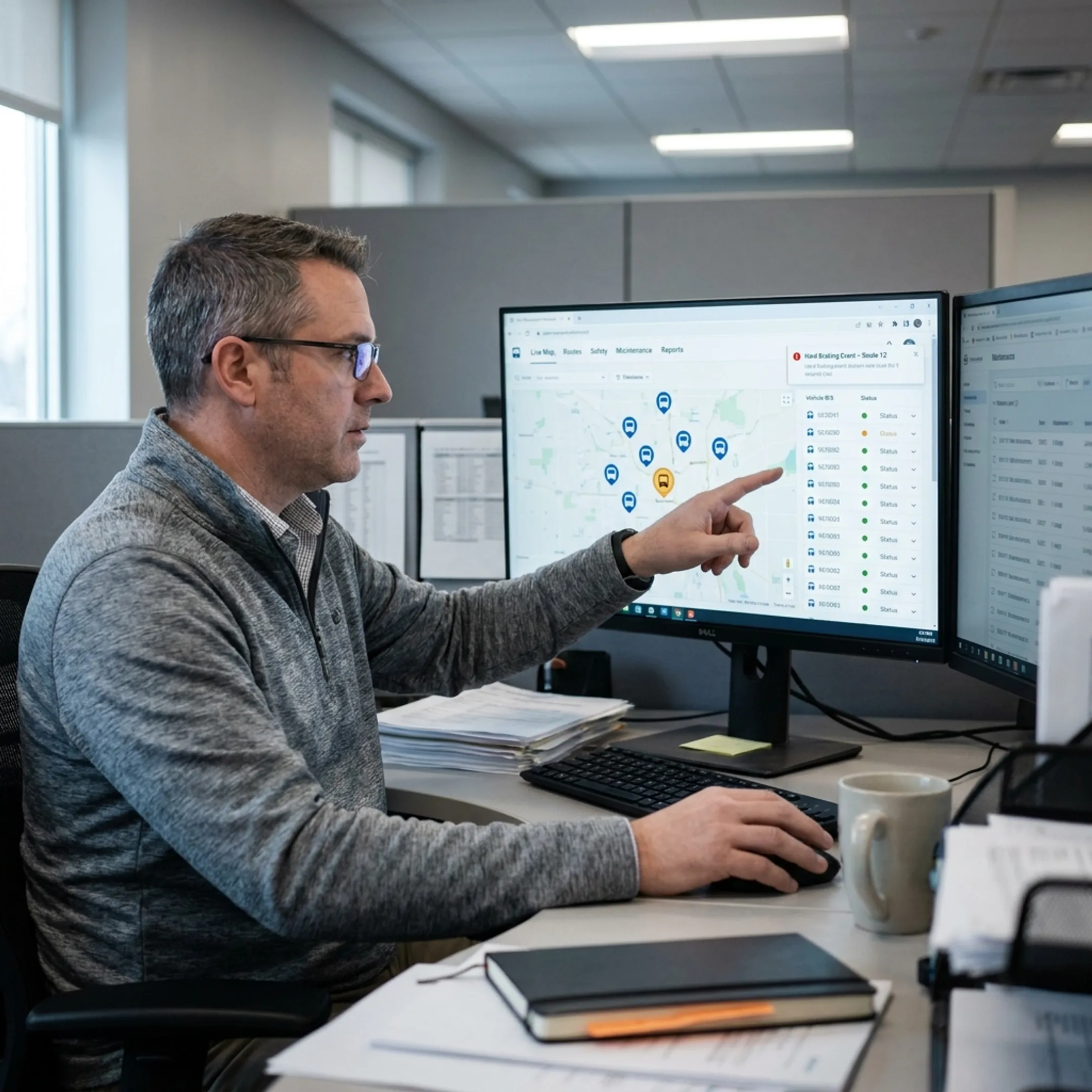 Fleet manager reviewing bus GPS routes