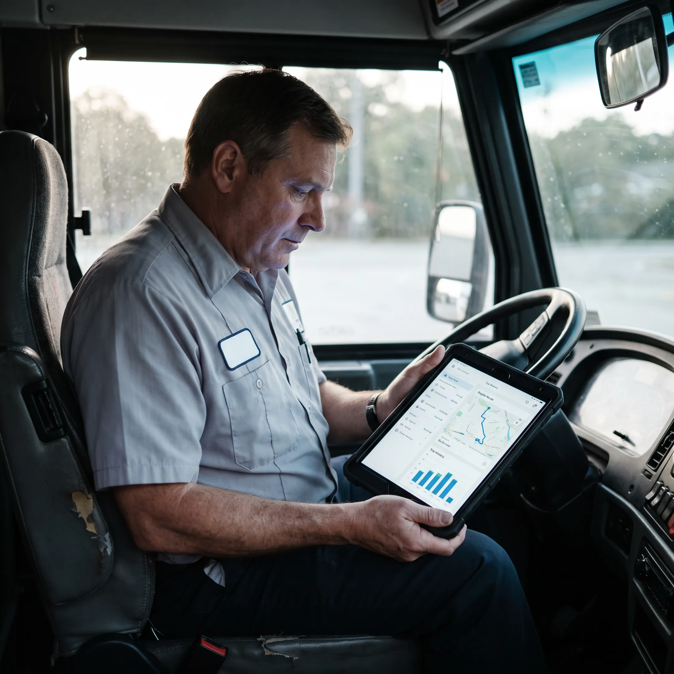 Bus driver using a GPS fleet app