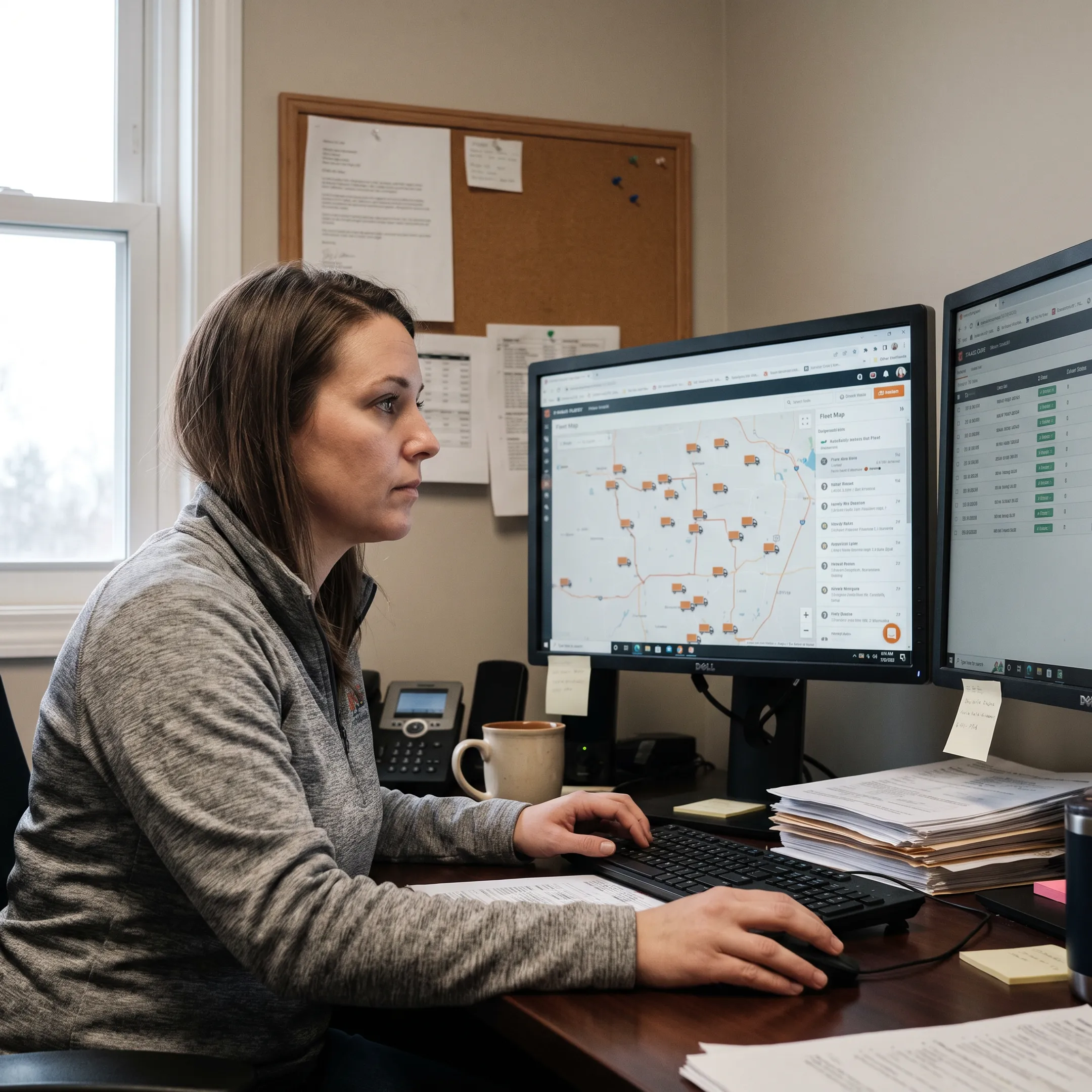 Dispatcher monitoring dump truck fleet on a live map