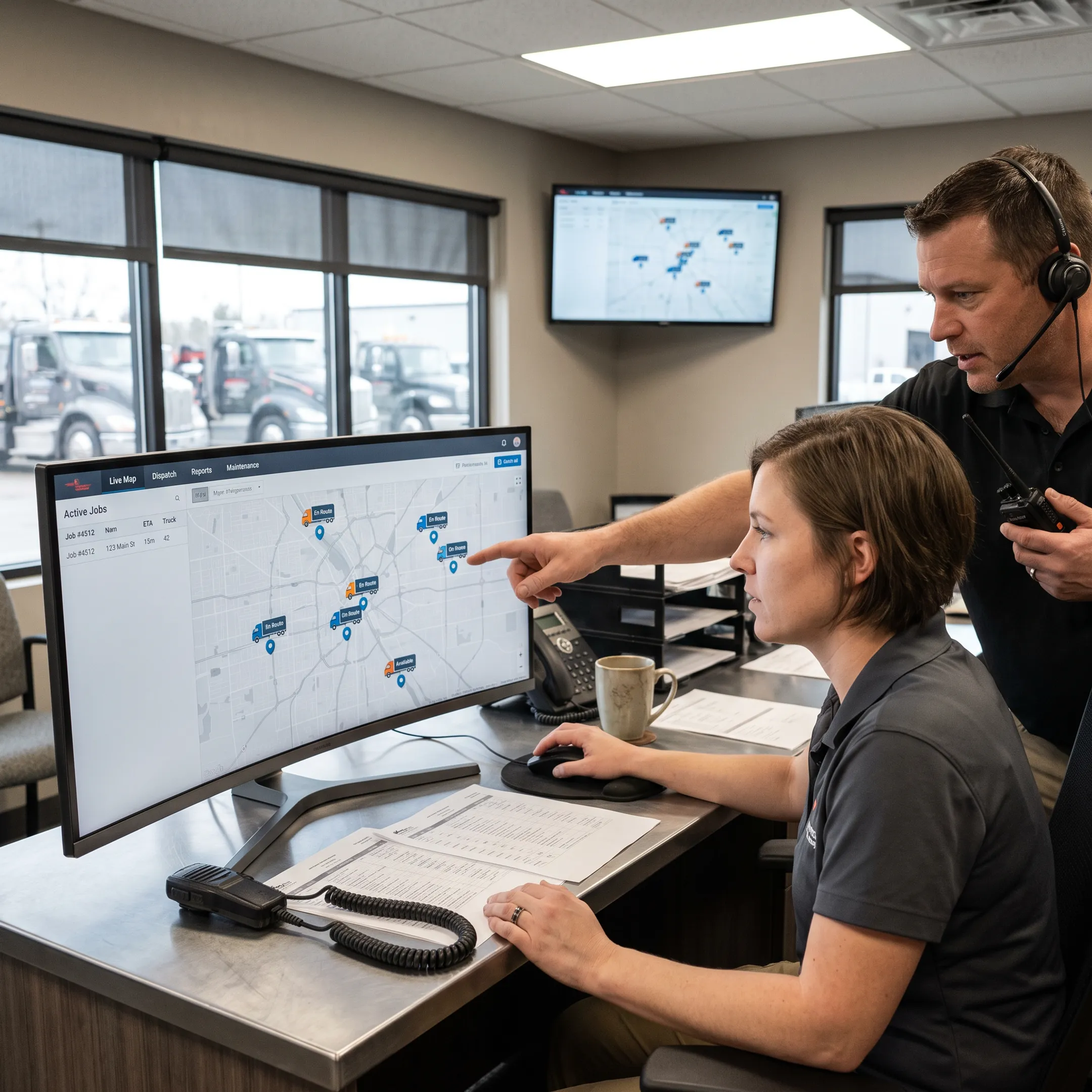 Tow truck fleet tracked on a live GPS map