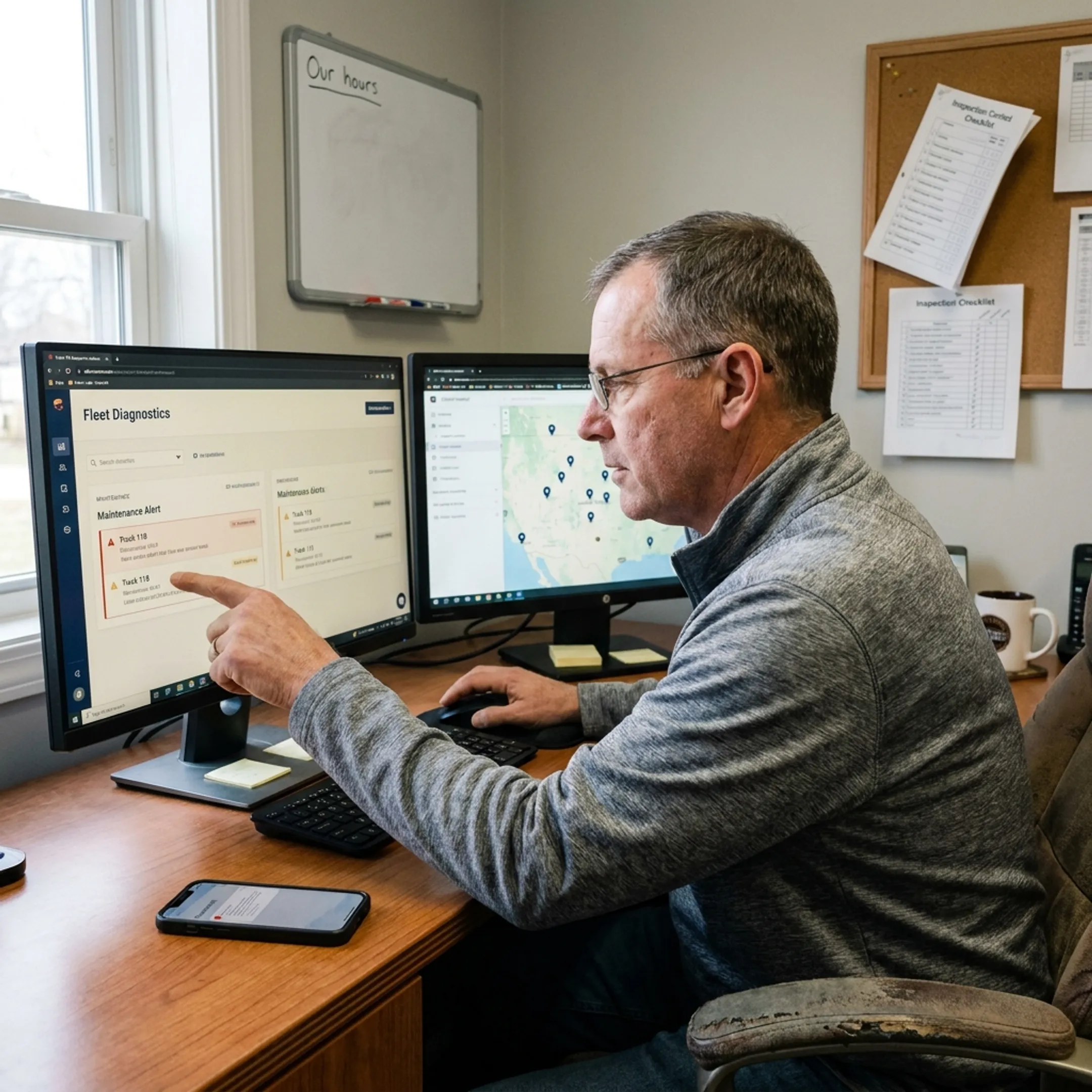 Fleet manager reviewing vehicle maintenance data