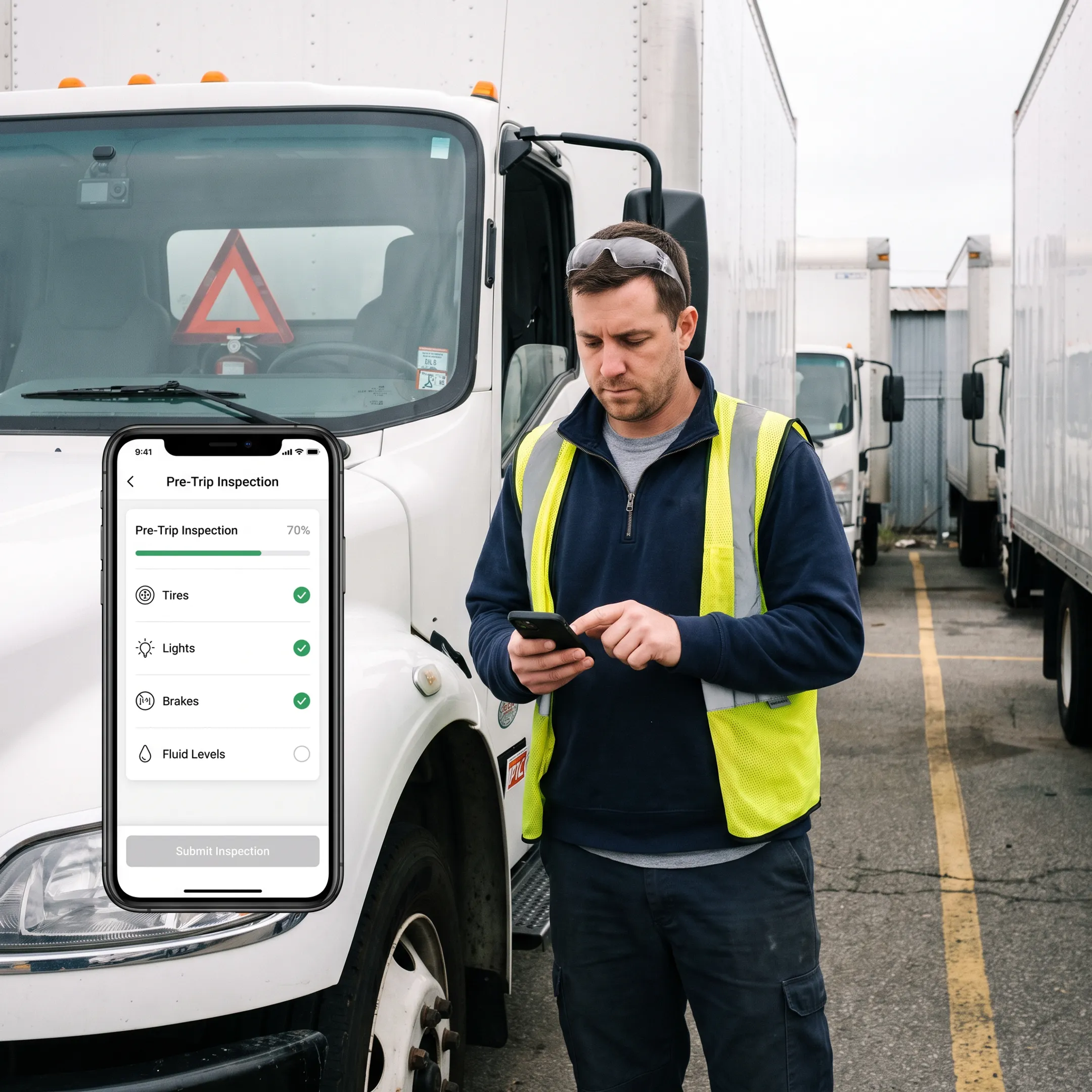 Driver completing a digital vehicle inspection
