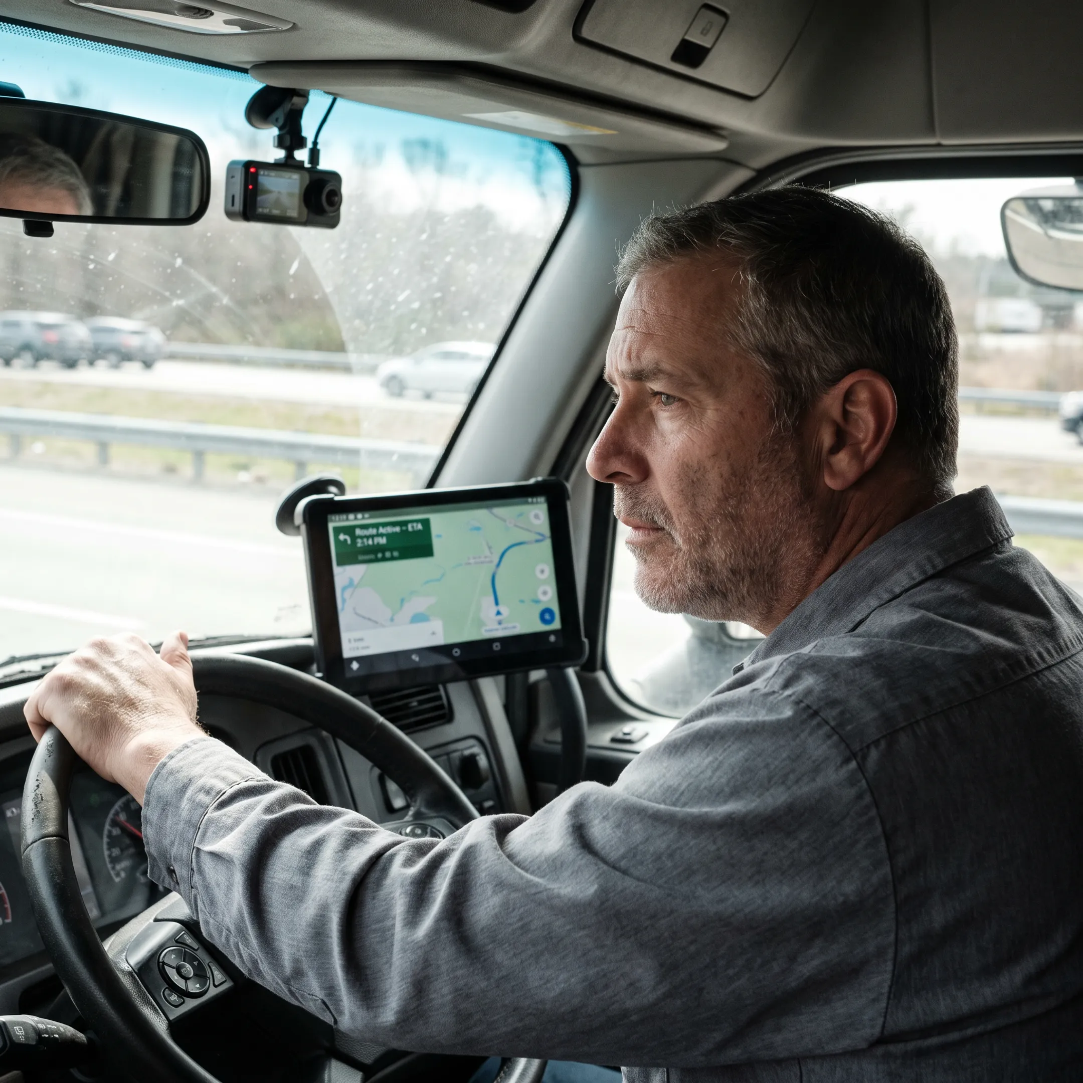 Truck dashboard showing GPS and dash cam system