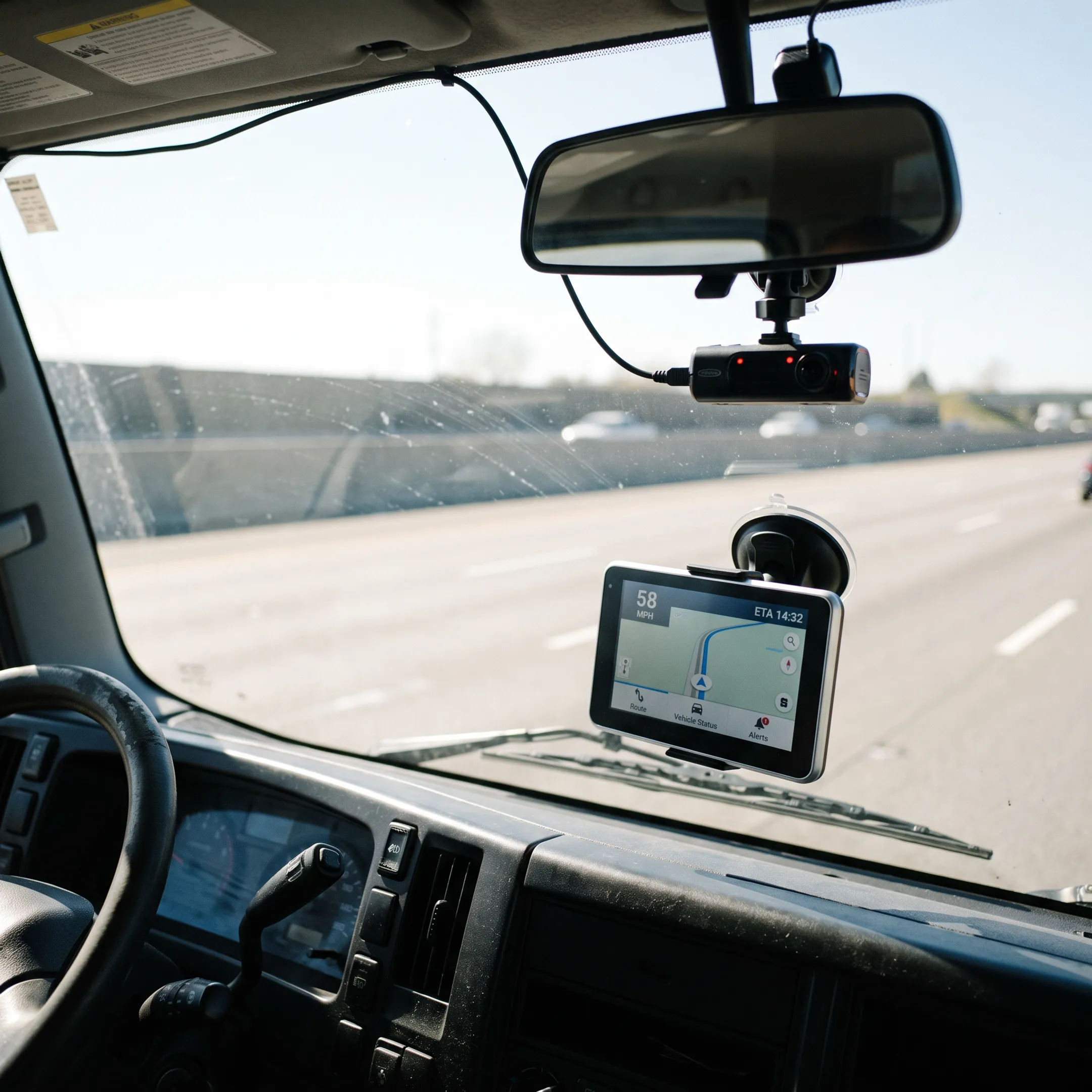 Truck cab with GPS tracking and dash cam technology