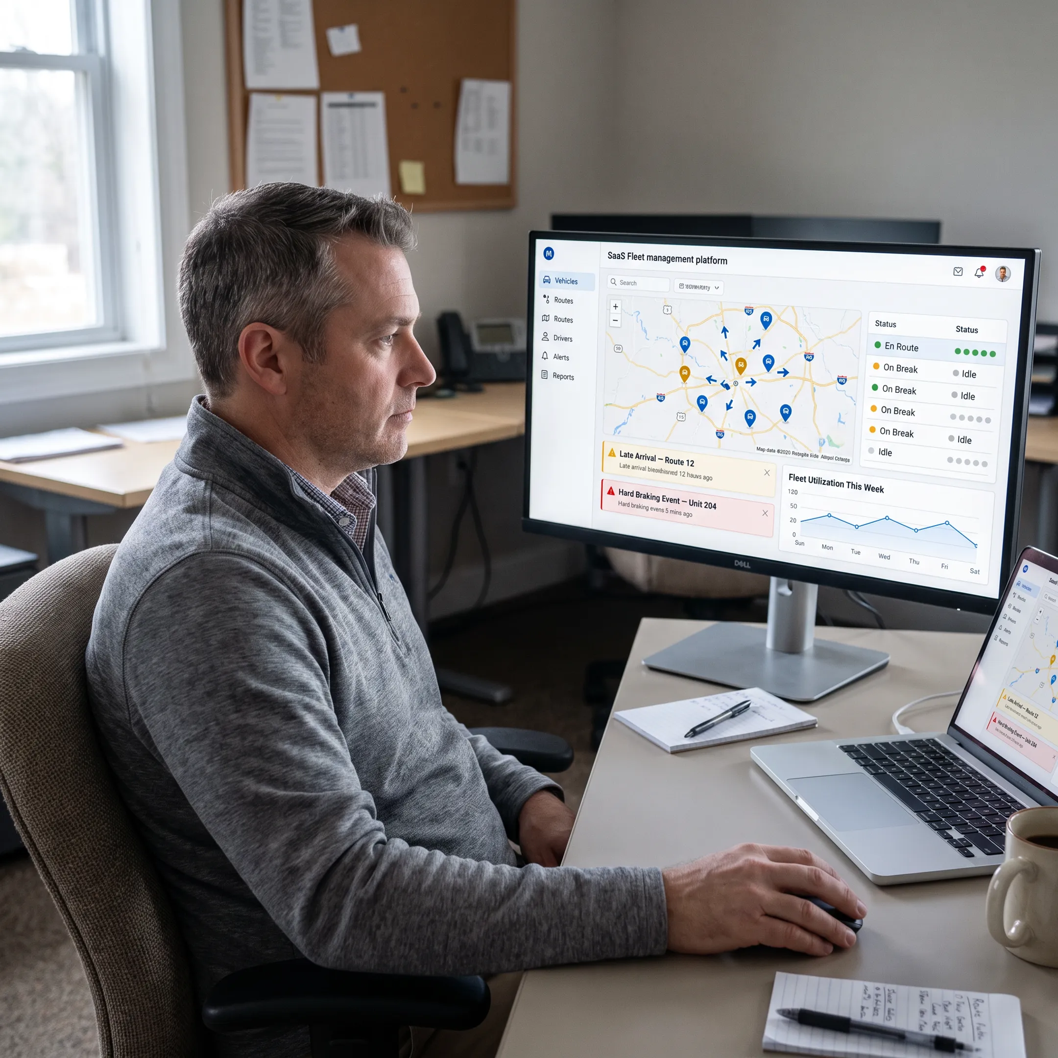 Fleet manager viewing GPS vehicle locations on a tracking dashboard