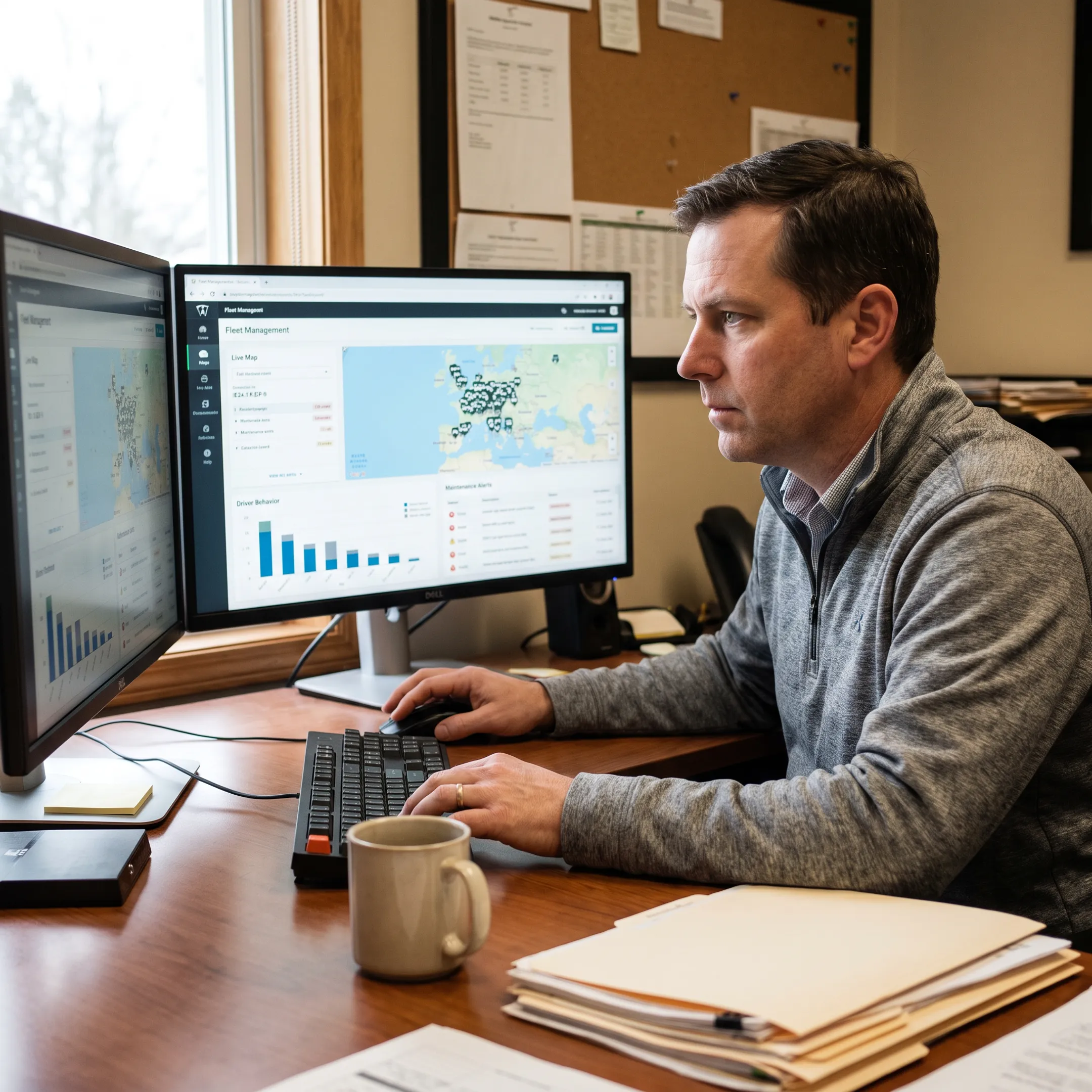 Utility fleet manager reviewing vehicle tracking data