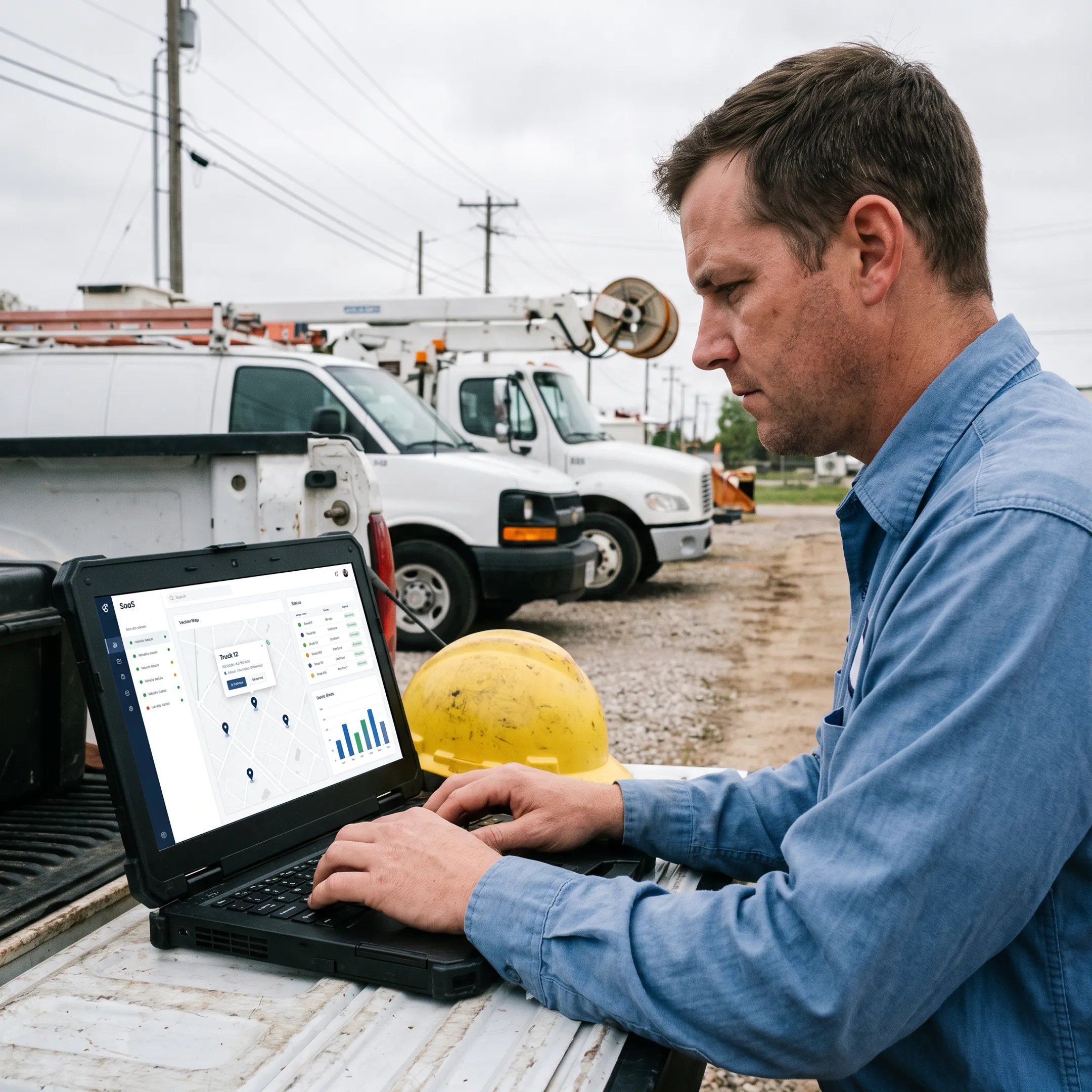 Utility fleet vehicles tracked through fleet management software