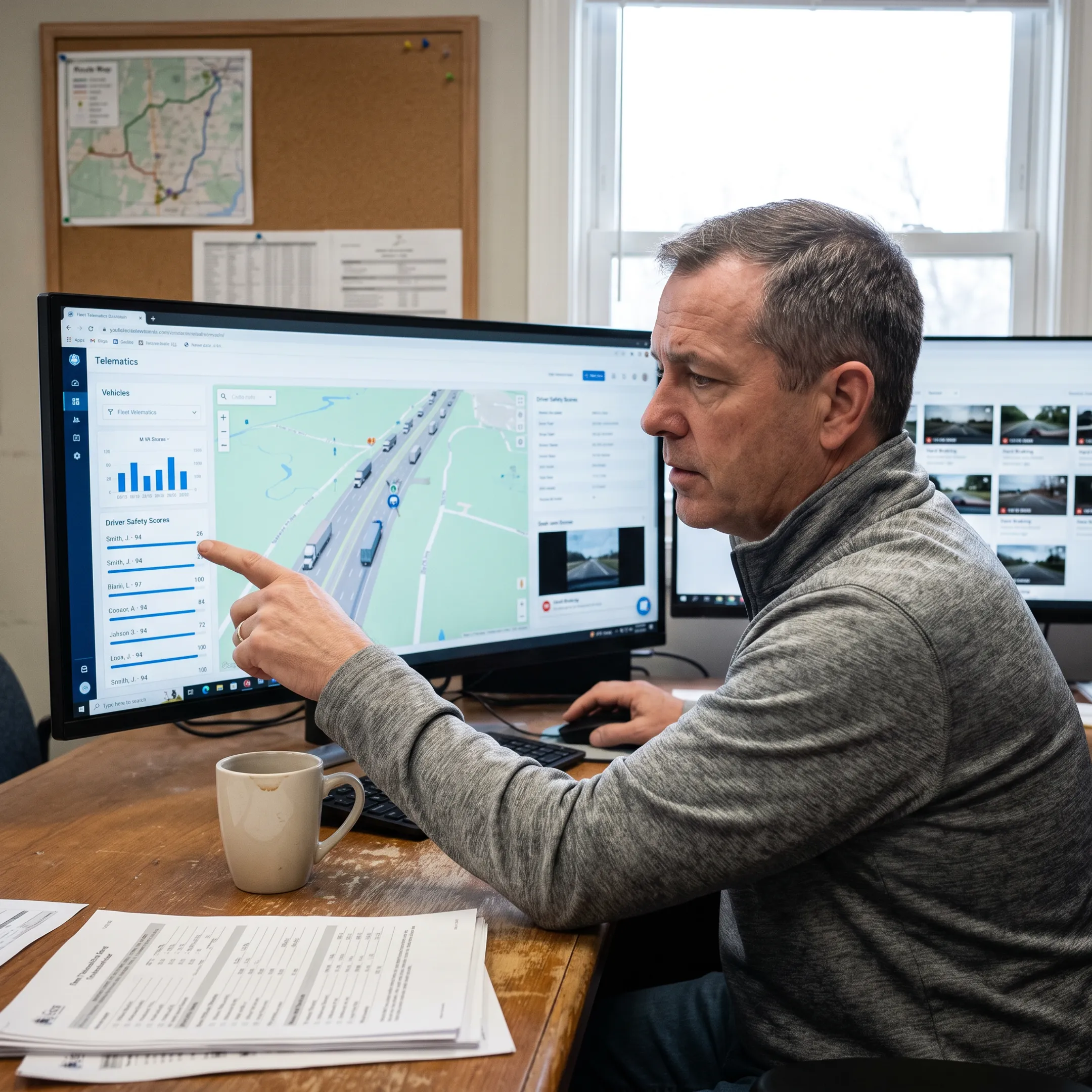 Fleet manager reviewing truck GPS and dash cam data