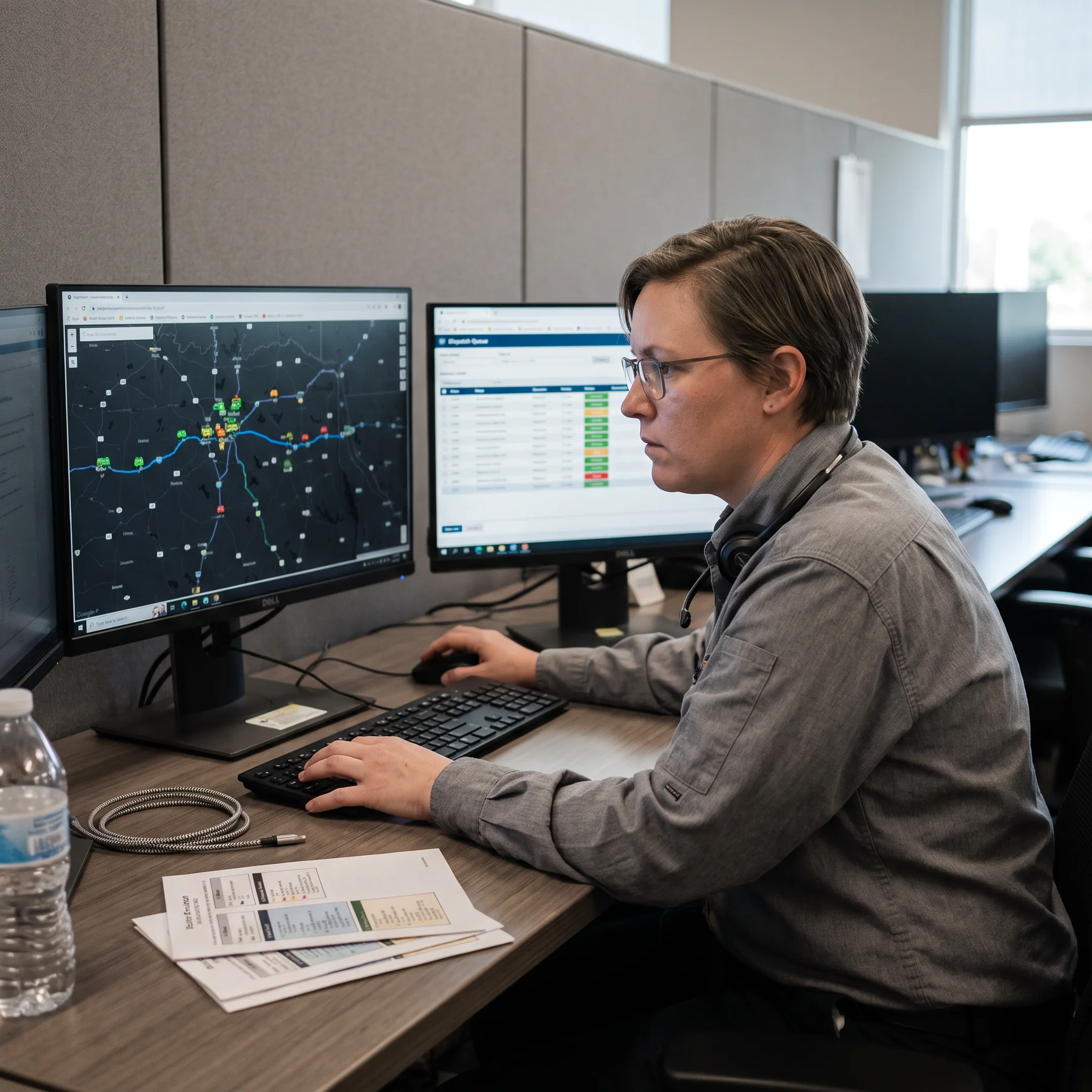 Transport dispatcher monitoring fleet vehicles on a live map