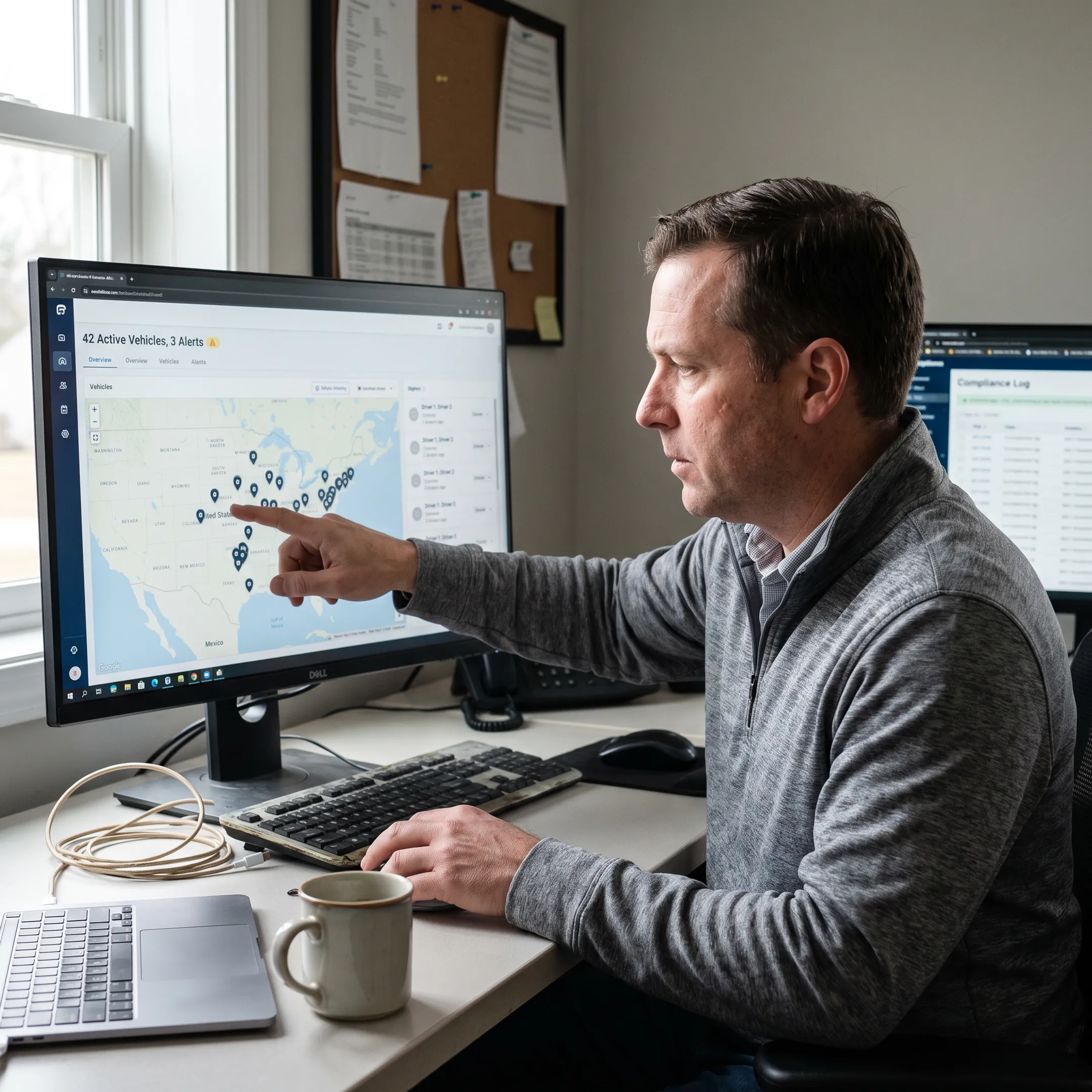 Fleet manager reviewing electronic logs and vehicle data on a desktop dashboard