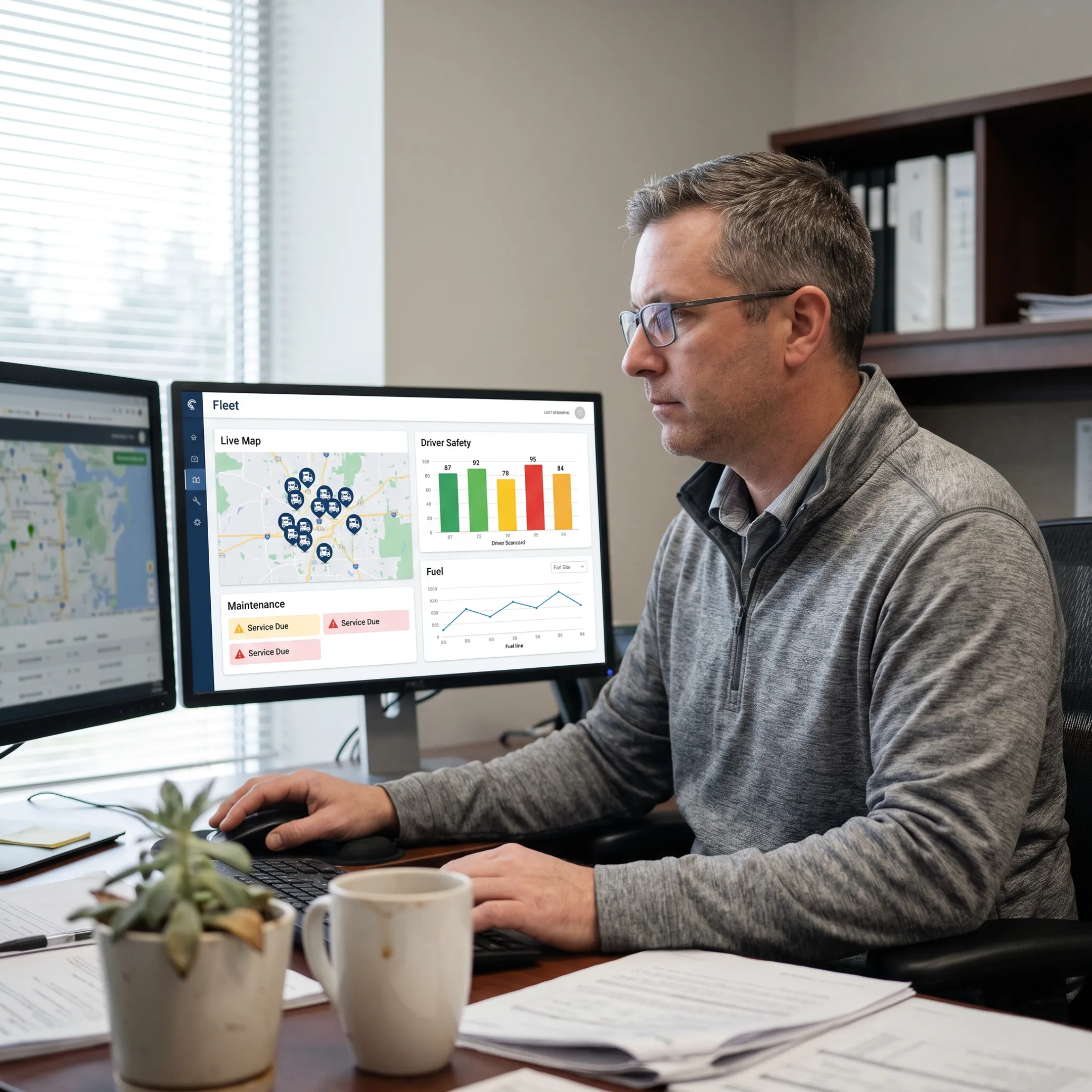 Fleet manager reviewing online fuel and vehicle activity data