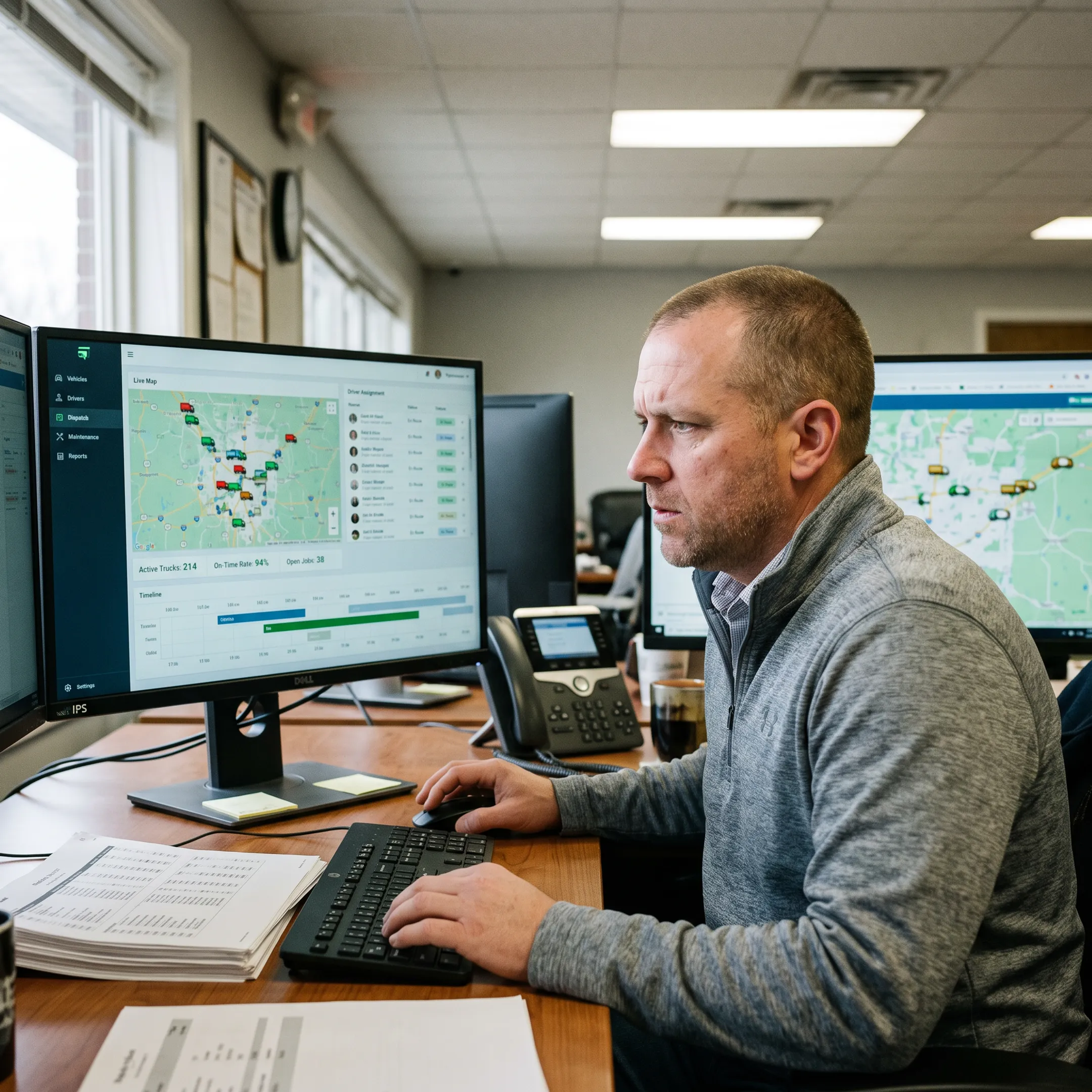 Fleet manager scheduling trucks on a dispatch dashboard