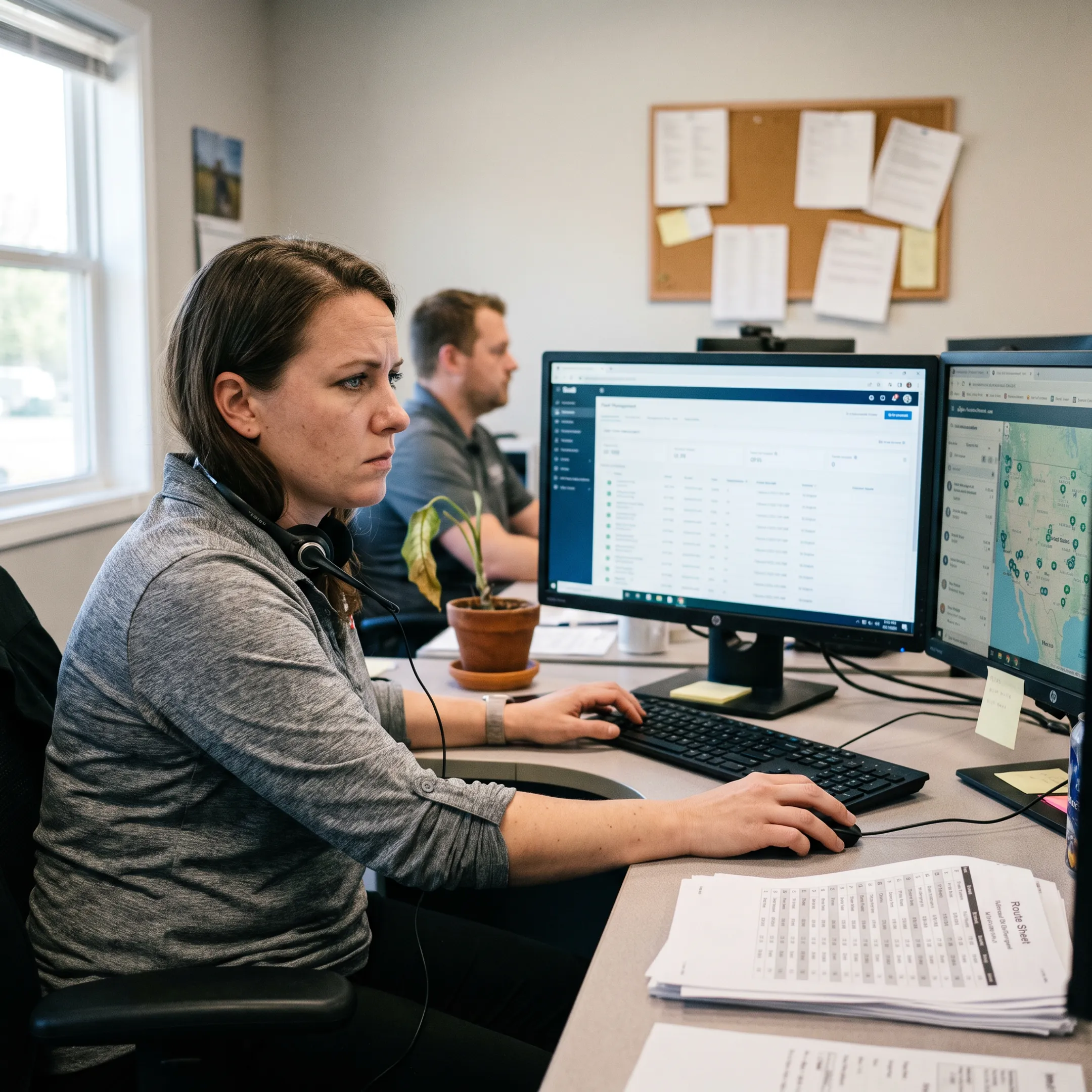 Dispatcher coordinating trucks with fleet software