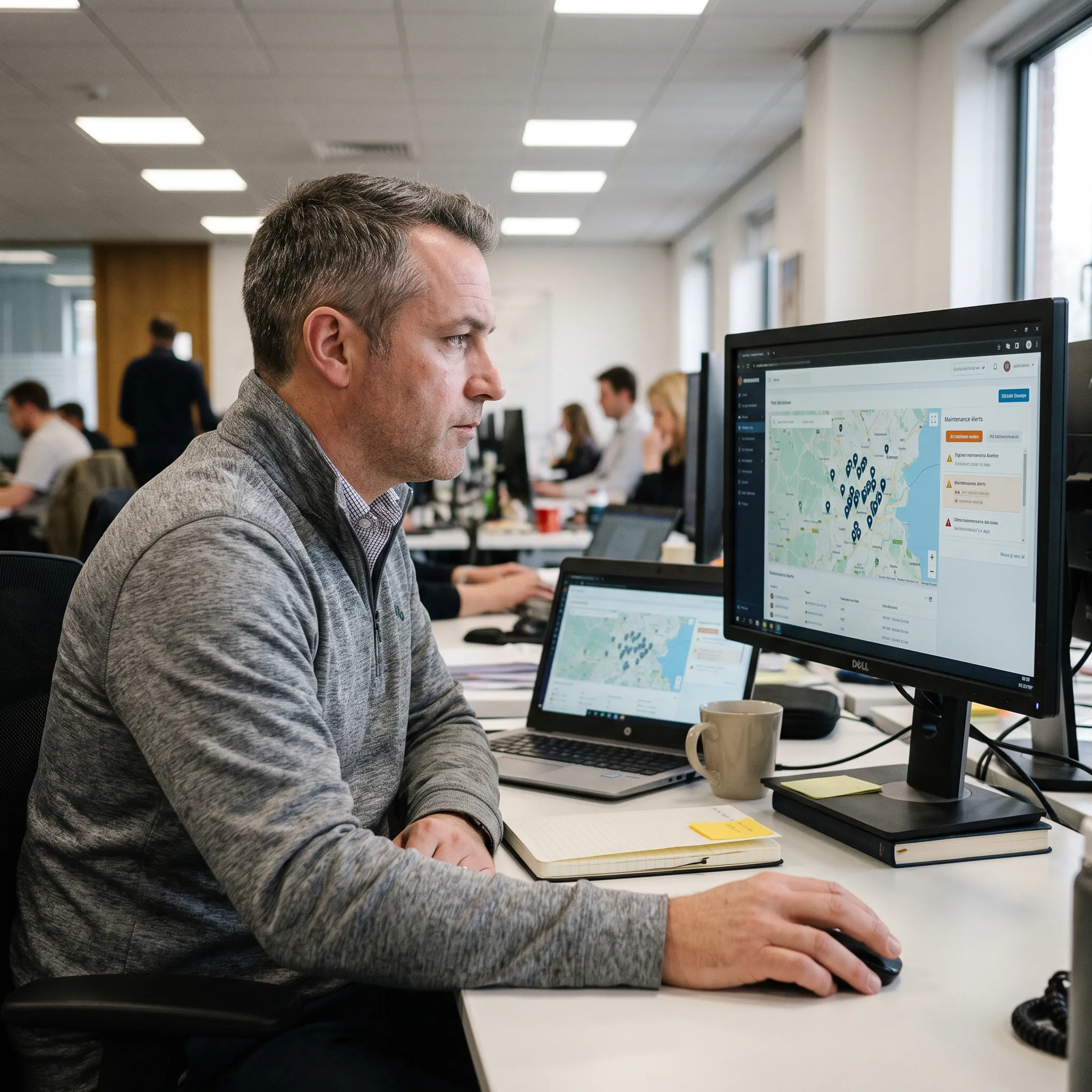 Fleet manager reviewing vehicle maintenance software dashboard