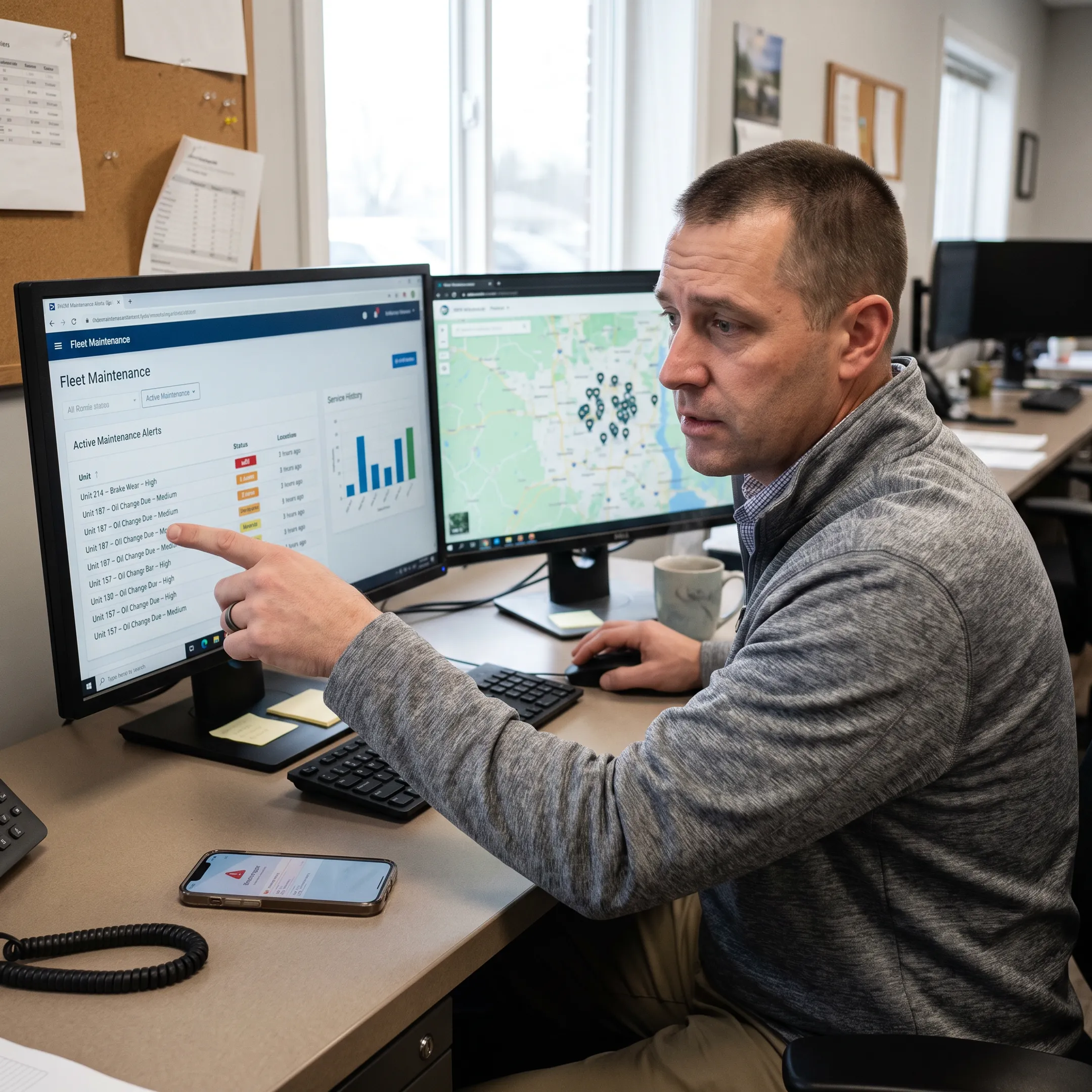 Fleet manager reviewing maintenance workflow on laptop