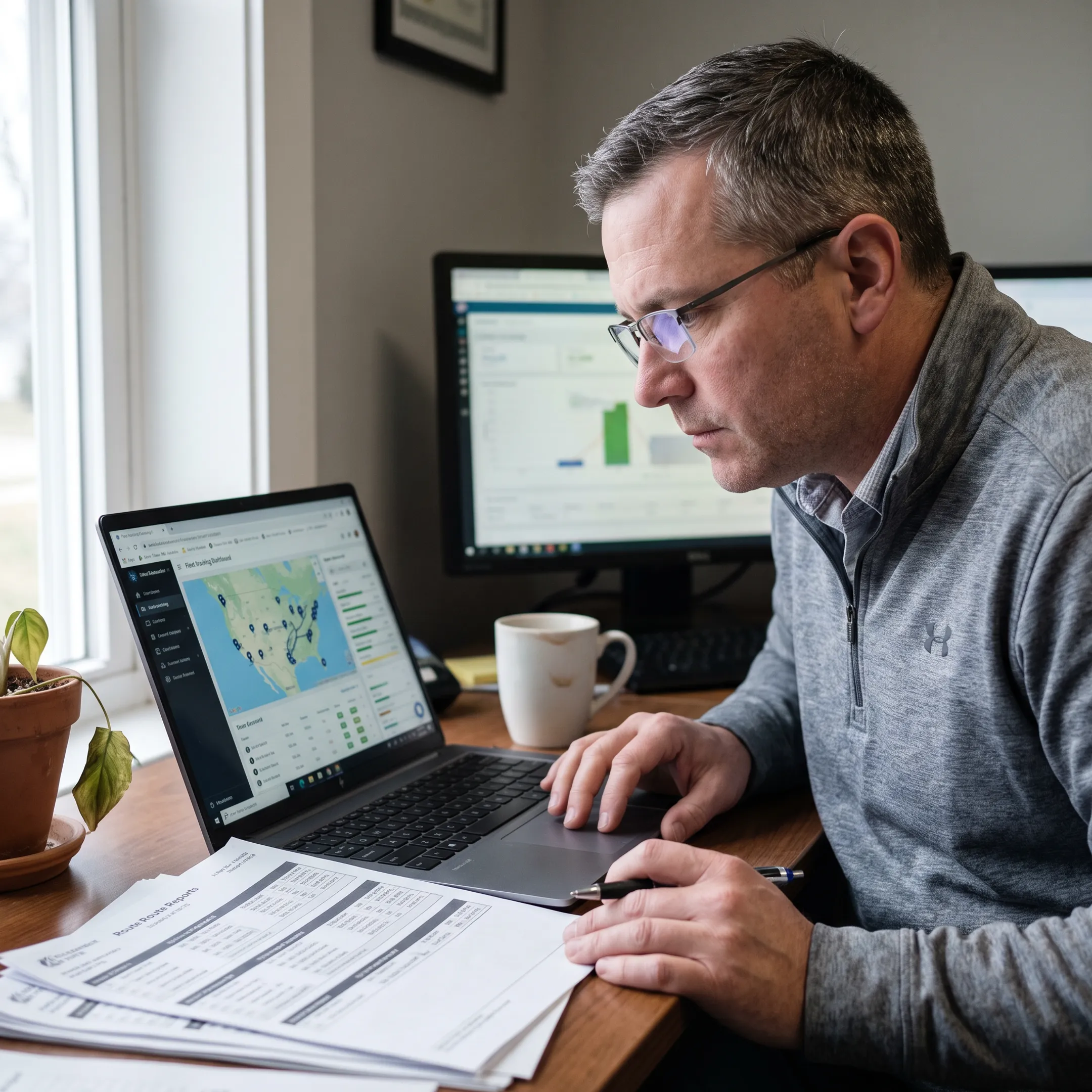 Fleet manager reviewing vehicle data on a laptop
