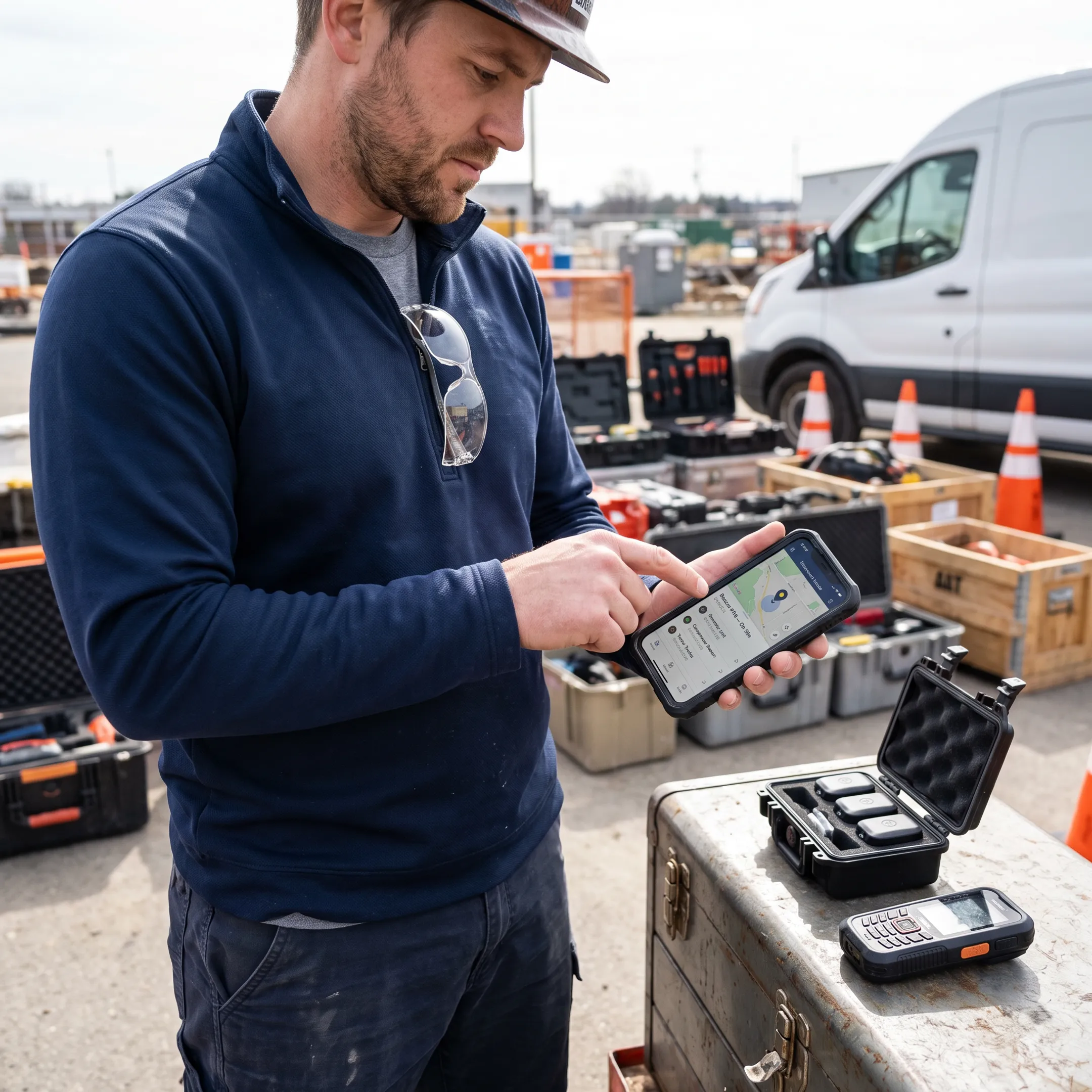 Worker reviewing tracked tools on a mobile inventory dashboard