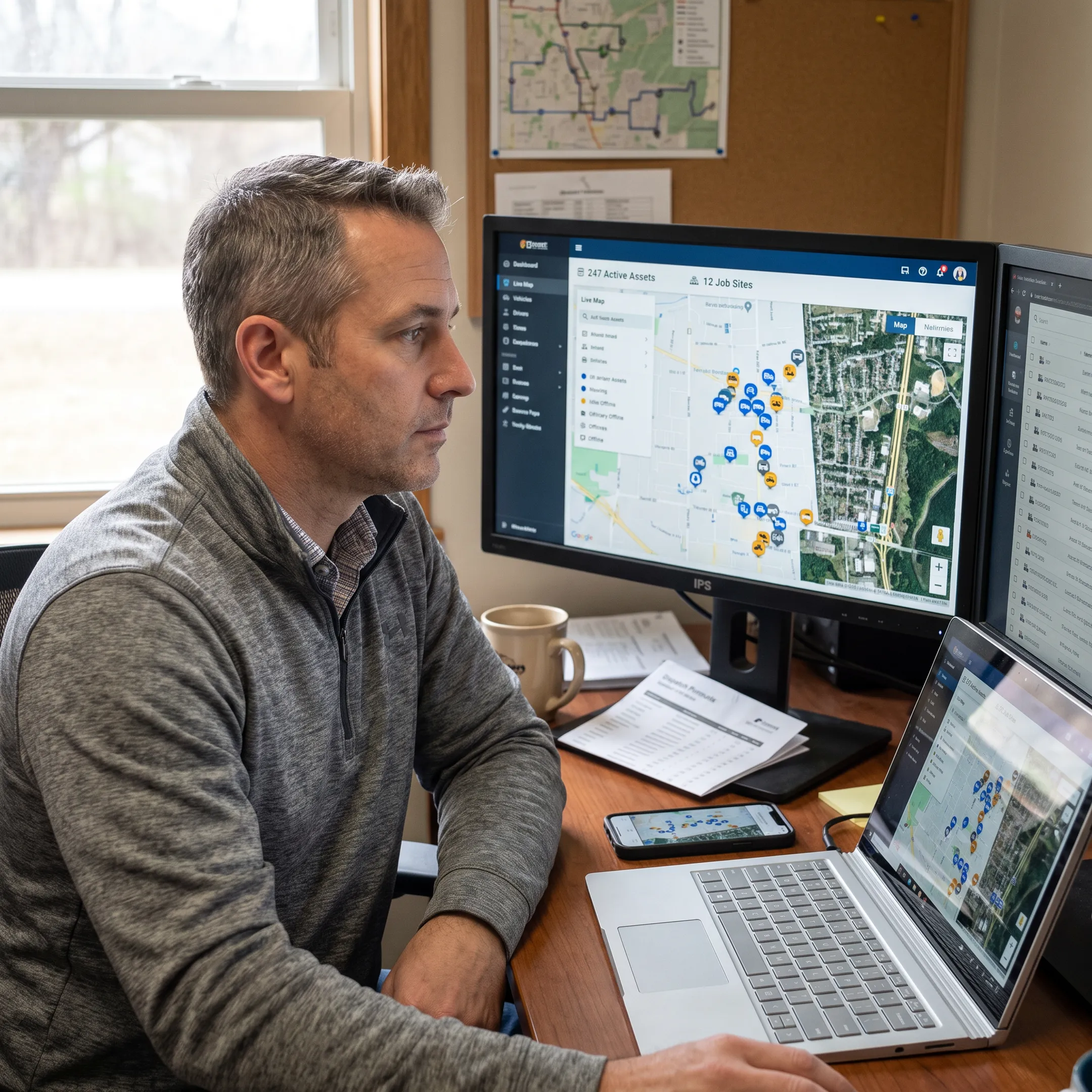 Live equipment tracking map on a fleet management screen