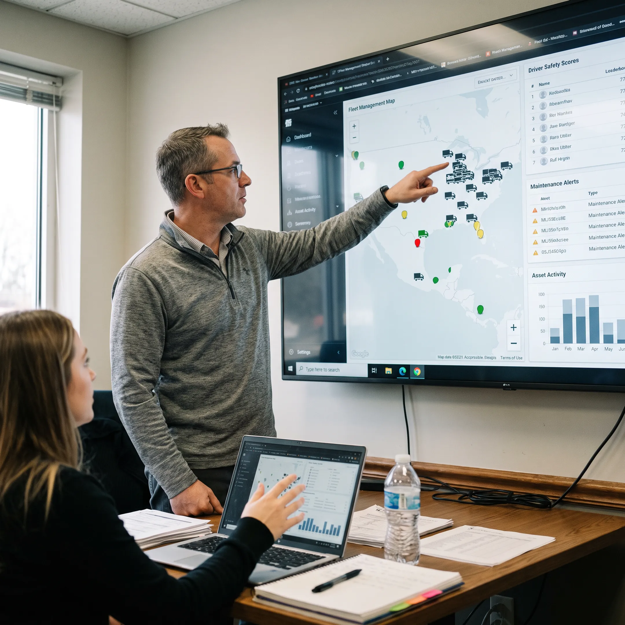 Fleet manager reviewing vehicle locations and safety data