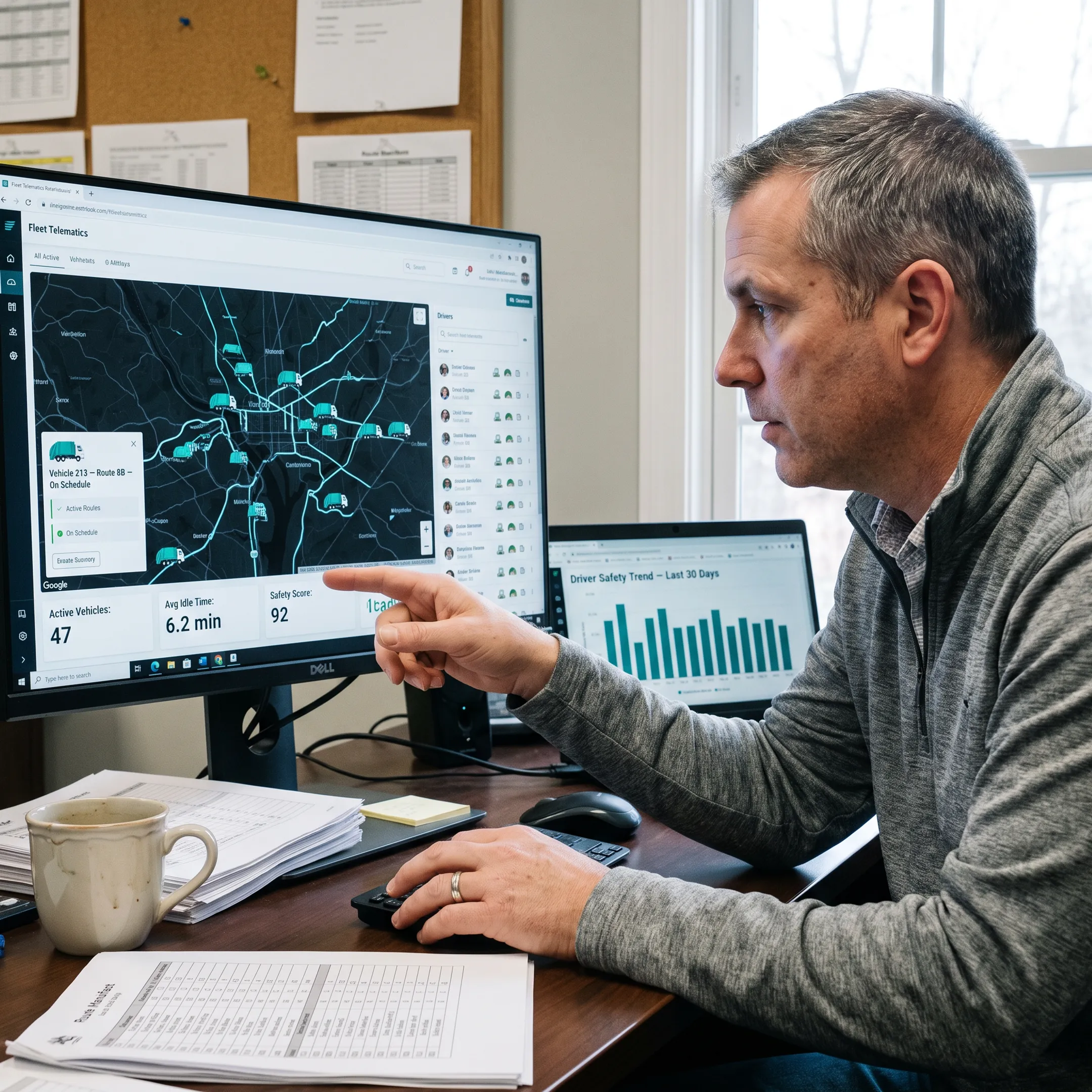Fleet manager reviewing garbage truck tracking data