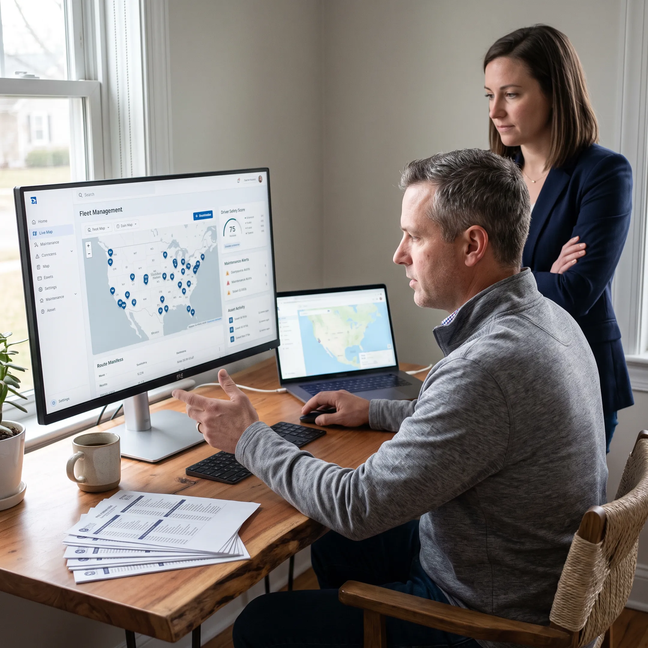 Fleet manager reviewing truck tracking and safety data
