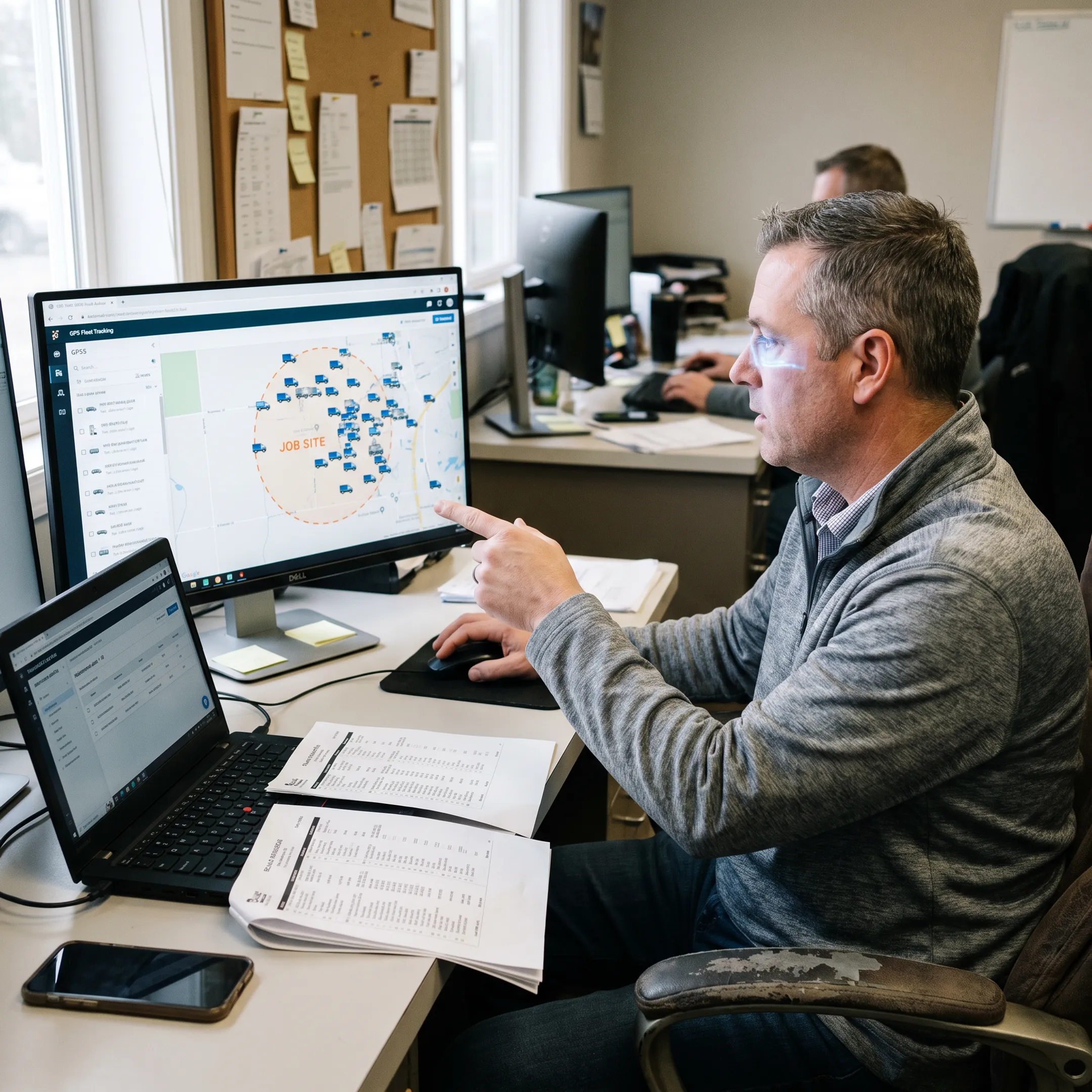 Fleet manager reviewing tracked equipment on a digital map
