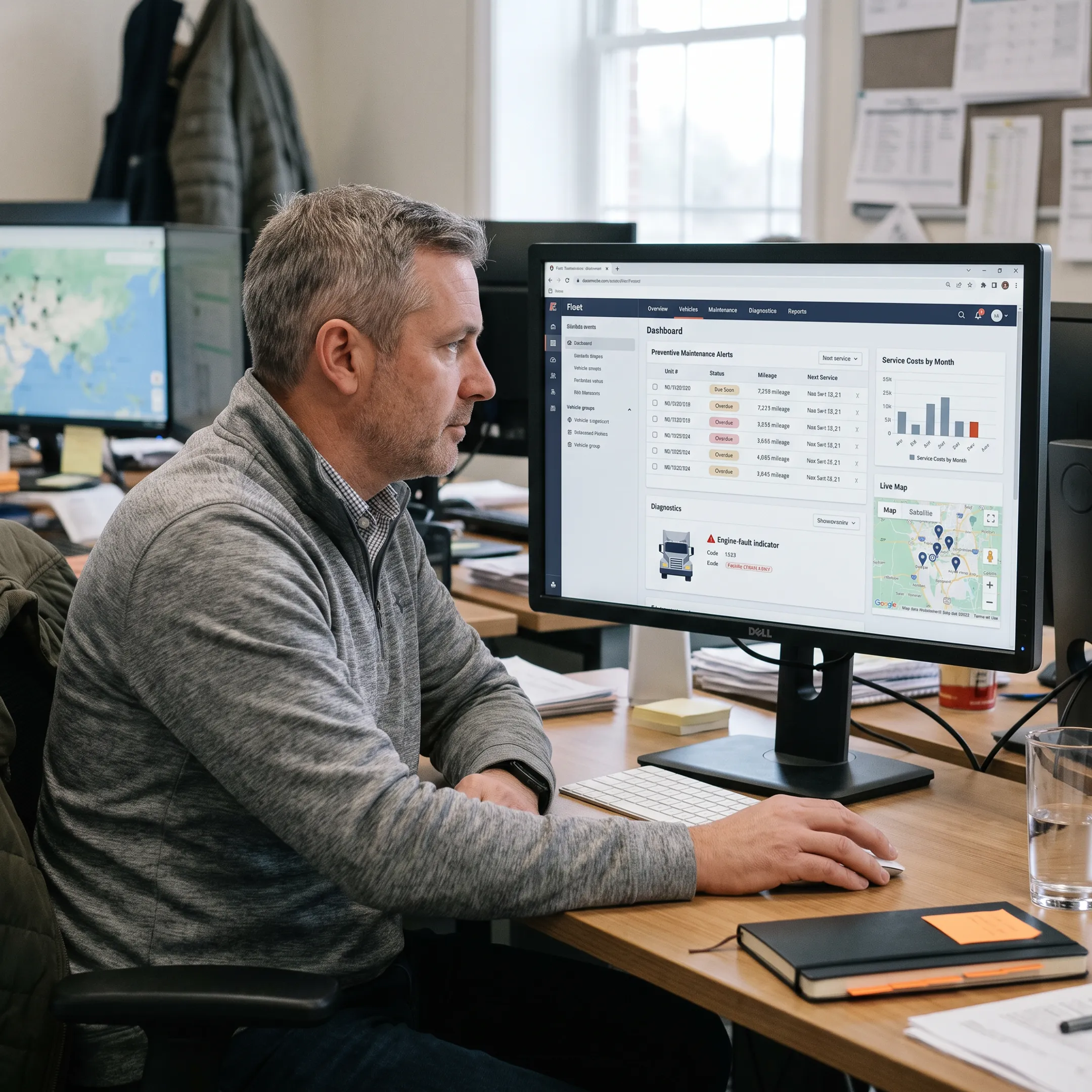 Fleet manager reviewing vehicle maintenance data on a digital dashboard