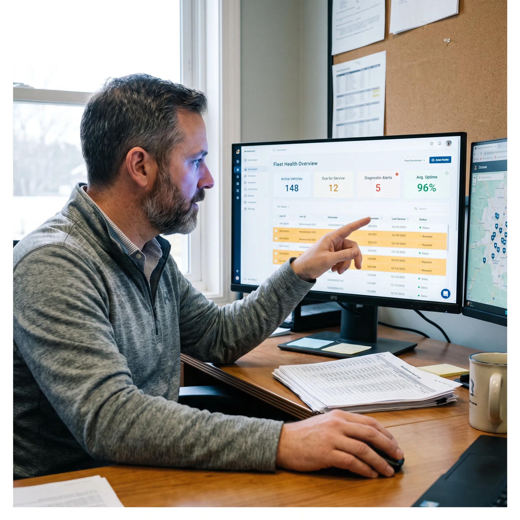 Fleet manager analyzing preventive maintenance information