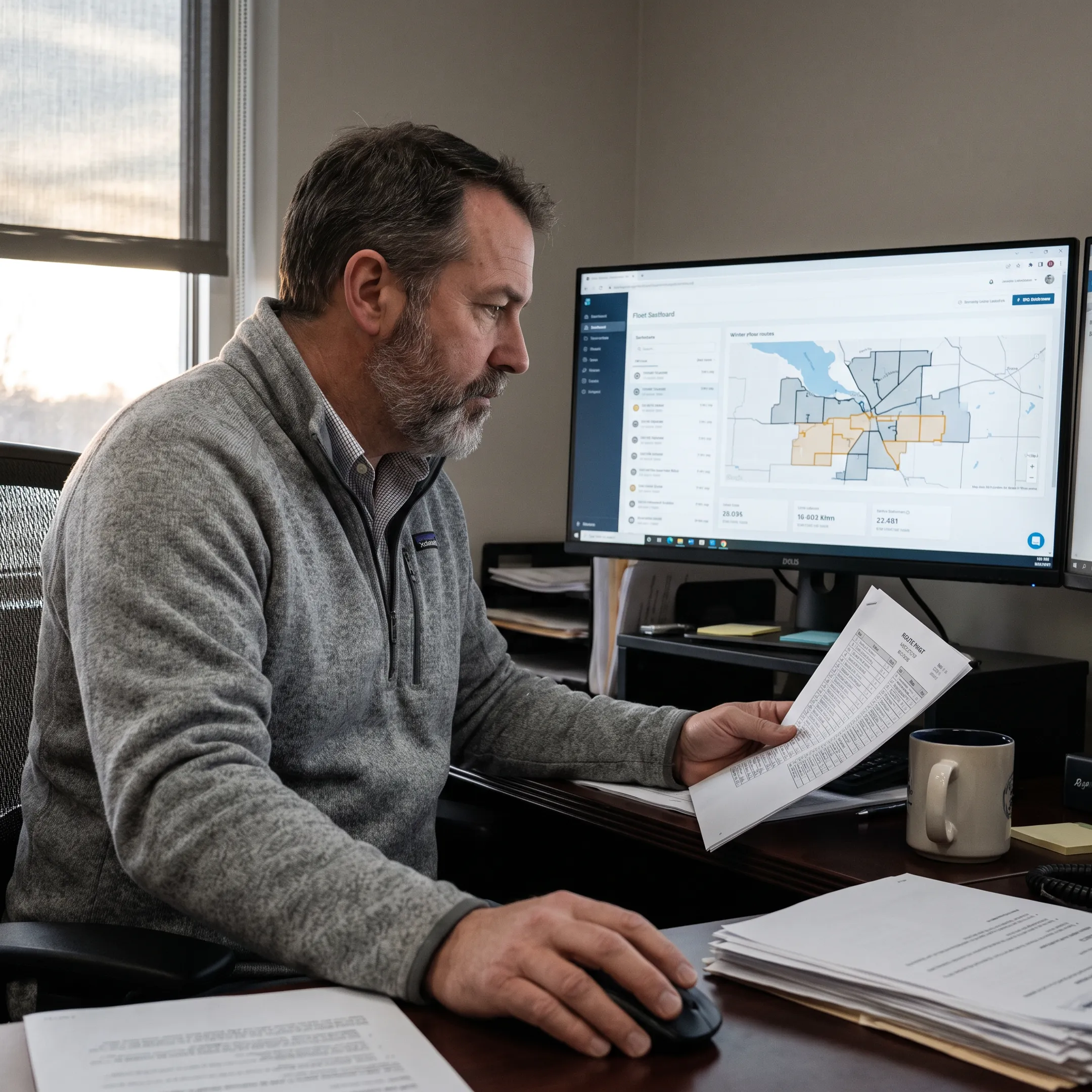 Fleet manager reviewing snow plow locations on GPS software