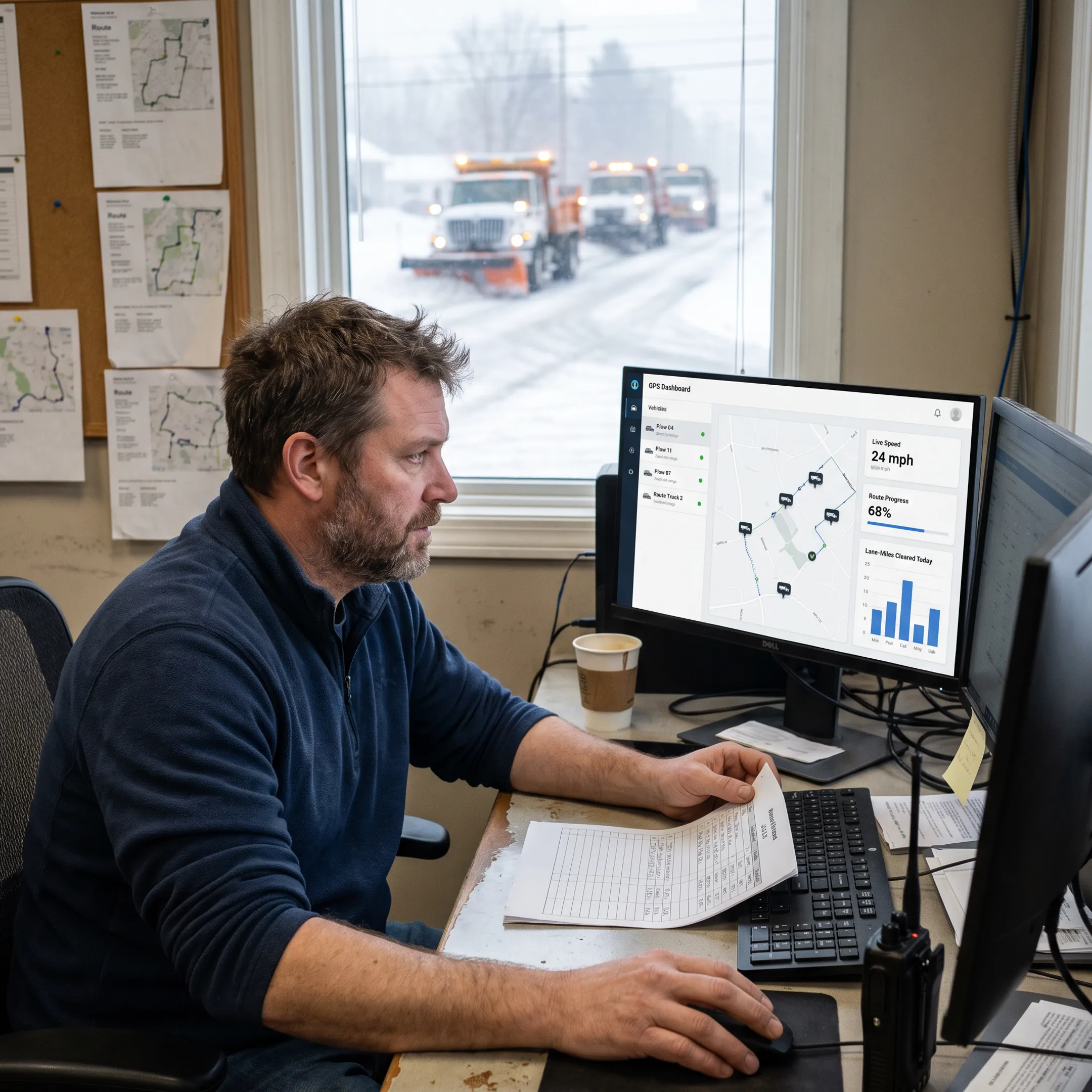 GPS-tracked snow plow fleet operating during winter conditions