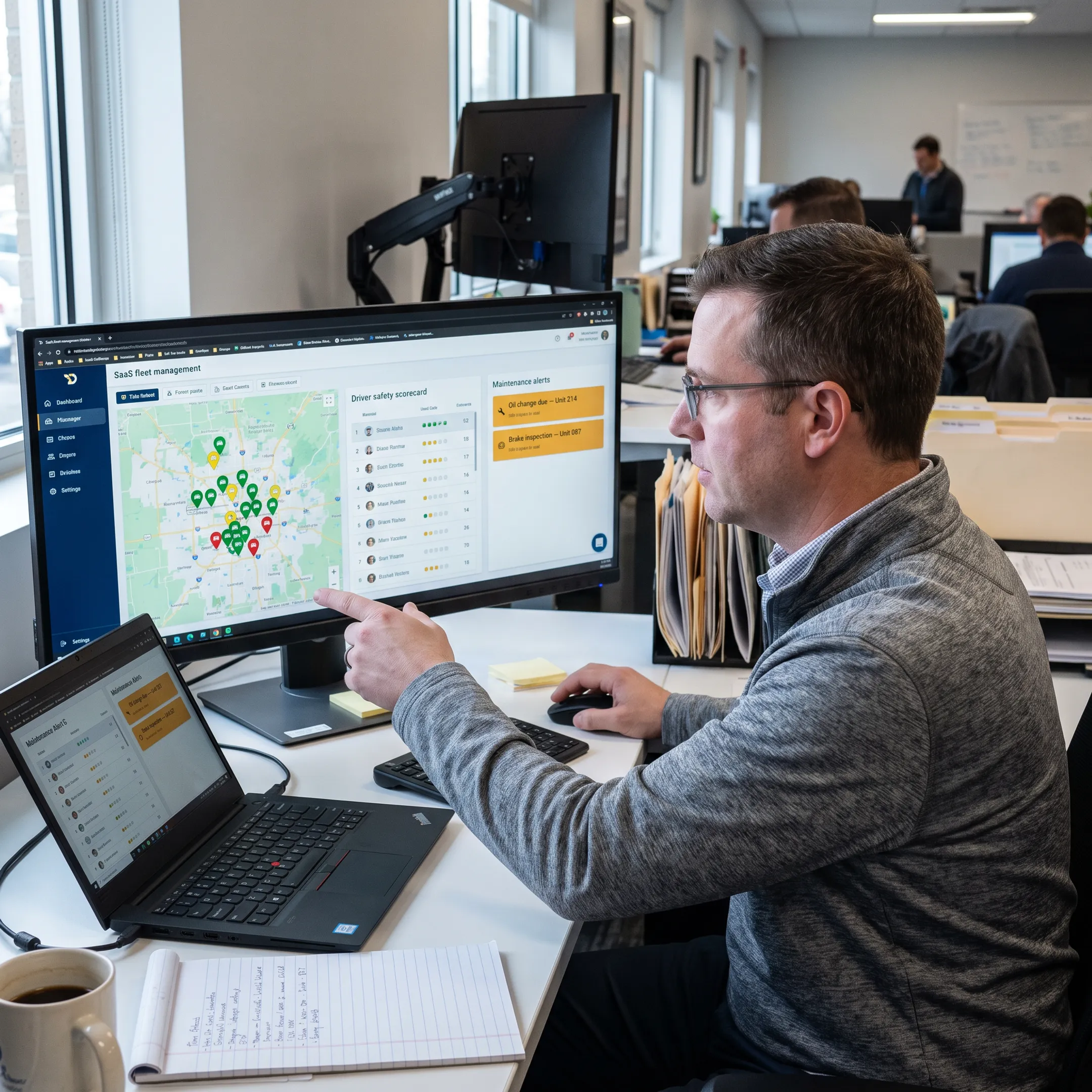 Fleet manager reviewing vehicle and driver analytics dashboard