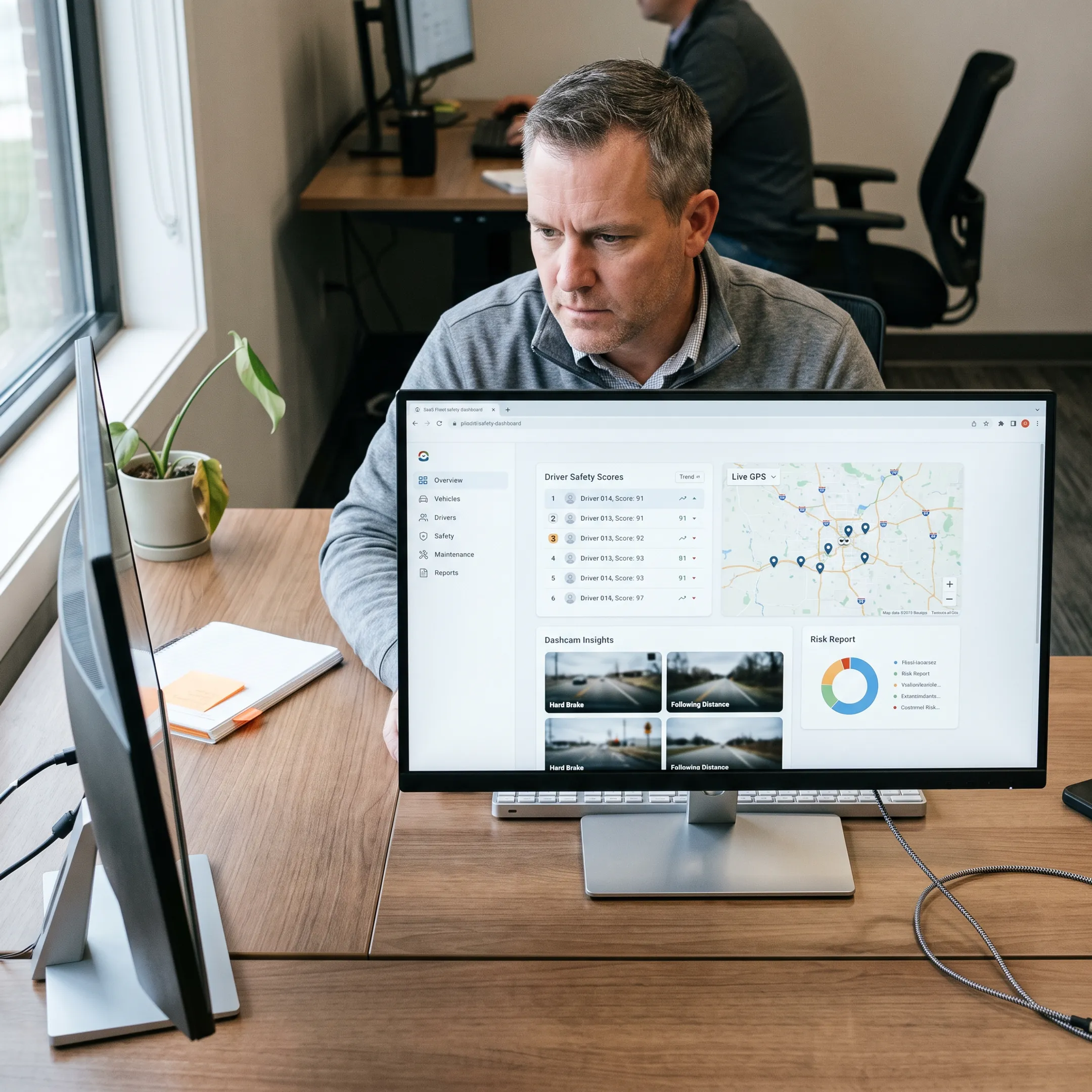 Fleet manager reviewing driver safety data and vehicle locations on a dashboard